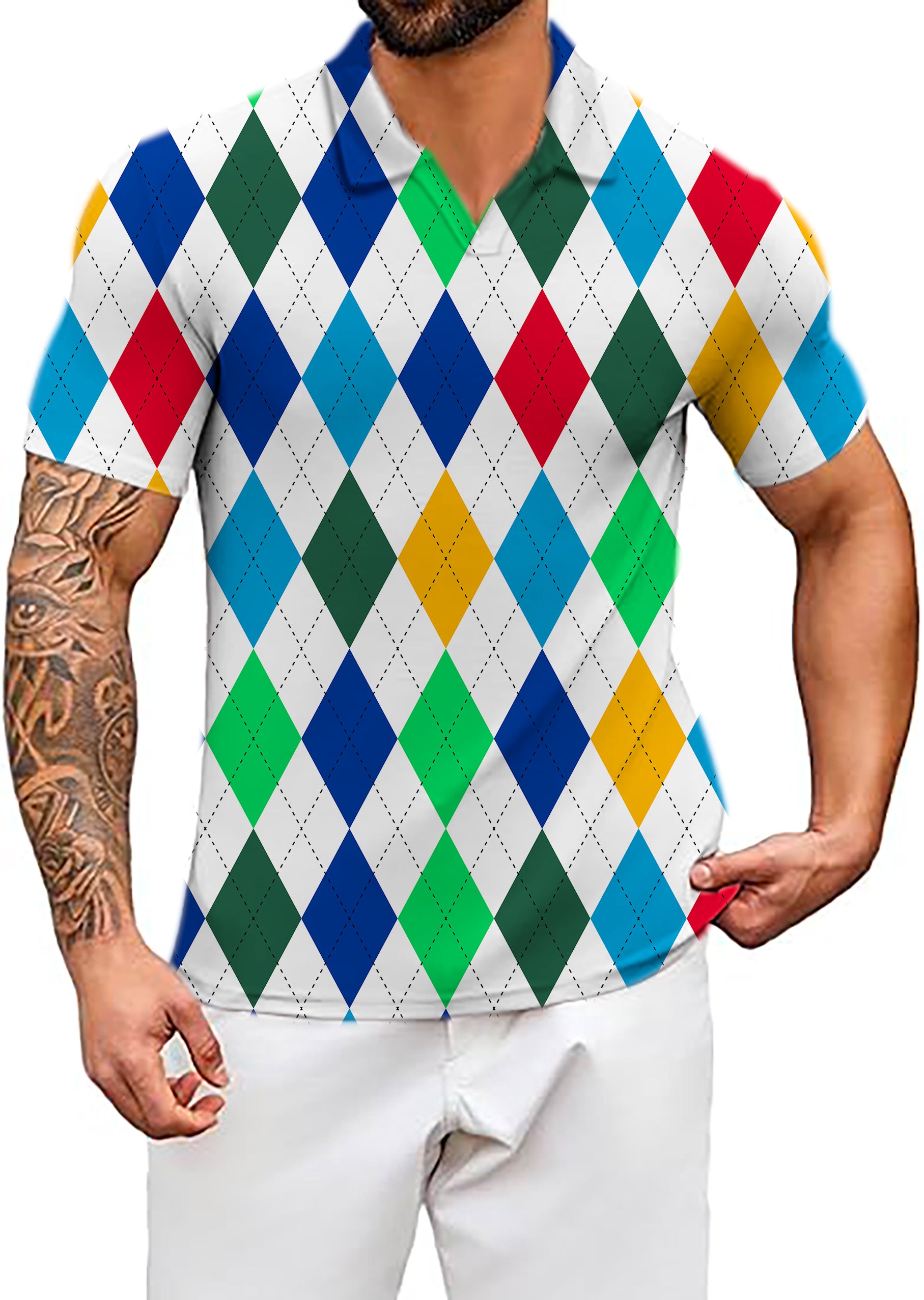 Men's Argyle Colorful V Neck Golf Polo Shirts