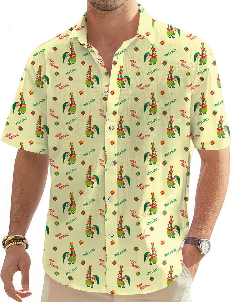 Men's Christmas Little Green Man Hawaiian golf shirt with button-down and festive print