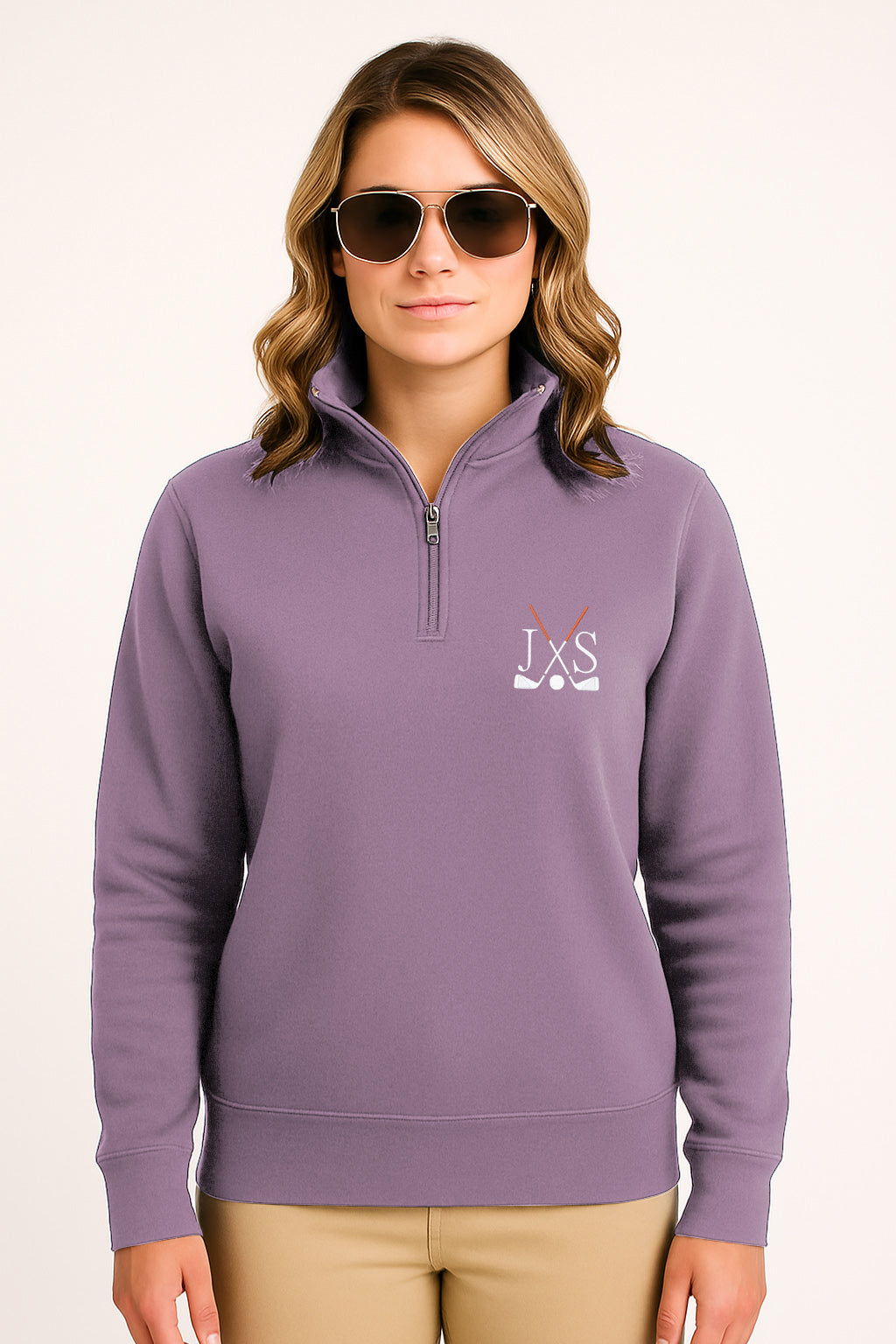 Embroidery solid color purple high neck plus size women's hoodie with golf club initials design