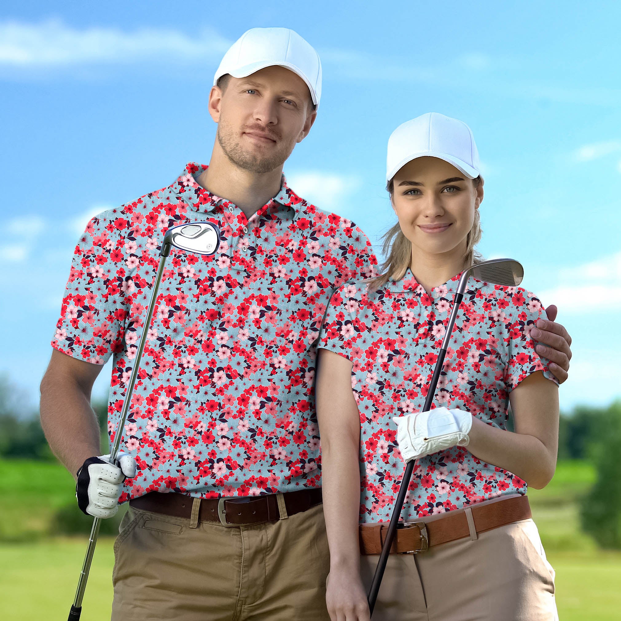 Golf Polo Couple Family set Tropical flowers