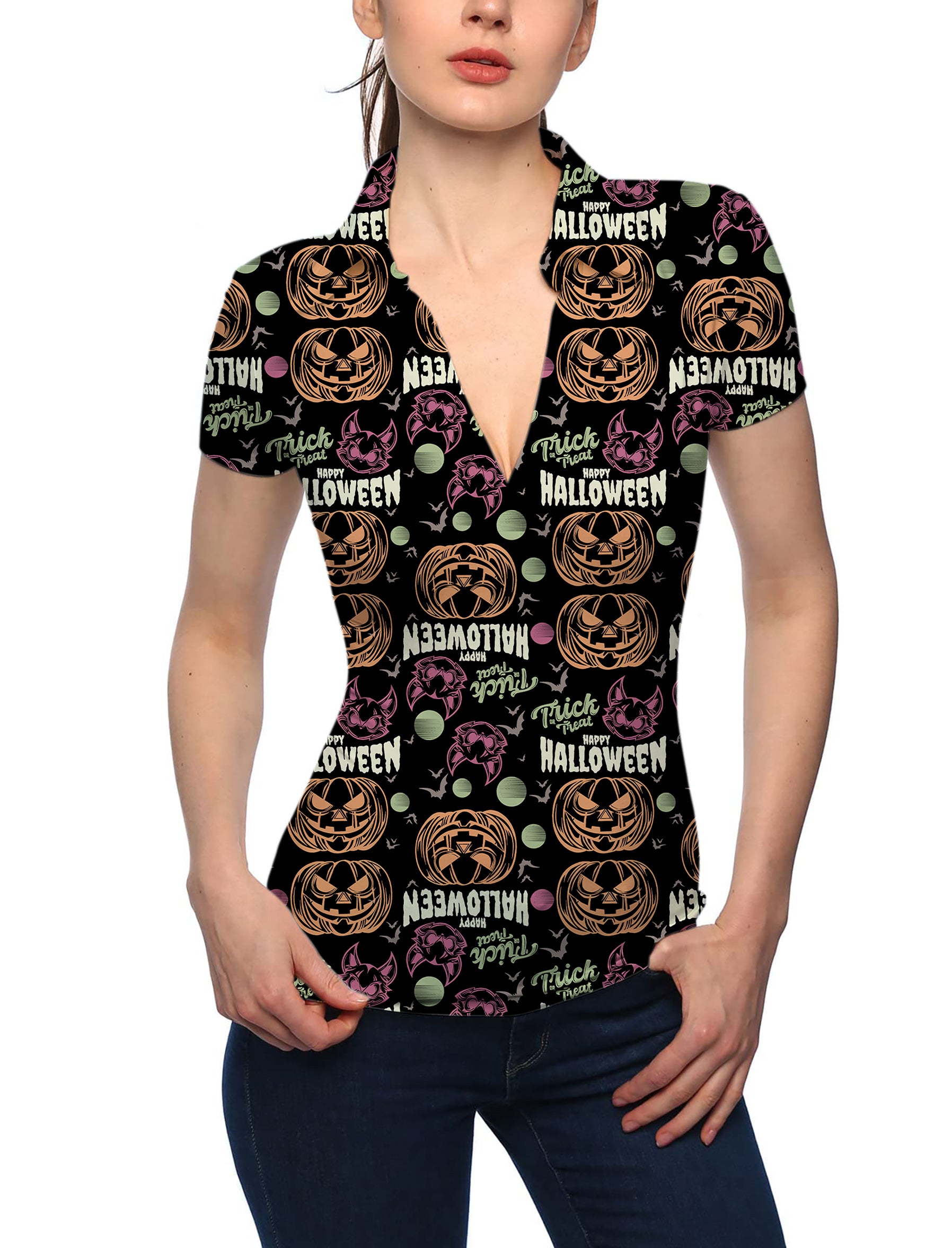 Women's Happy Halloween Colorful Pumpkin V Neck Golf Polo
