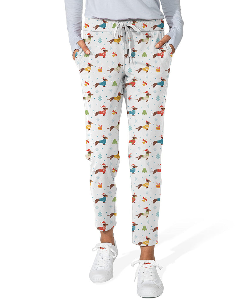 Women's Christmas Dachshund colorful 7/8 stretch ankle golf pants with elastic waistband and side pockets