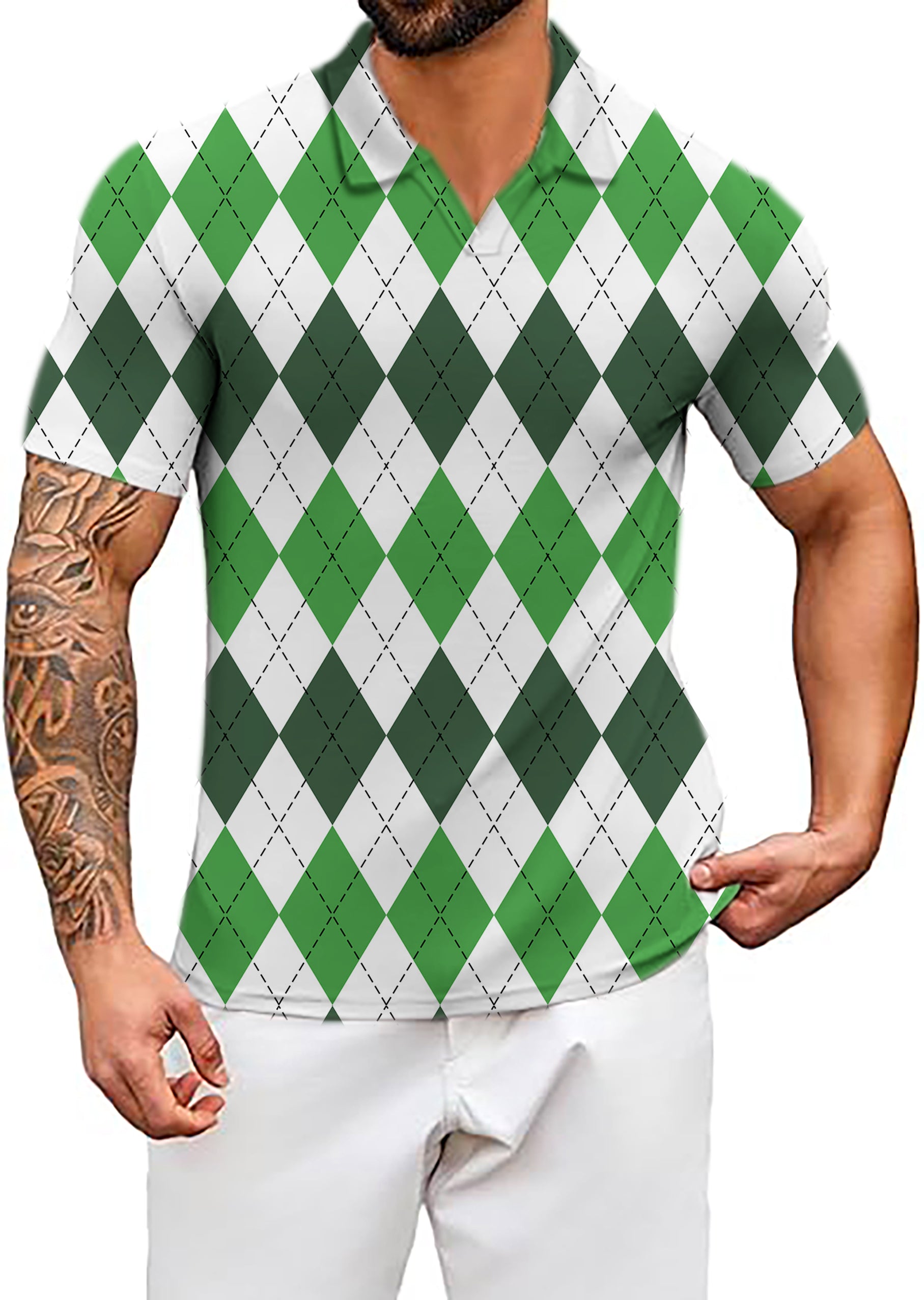 Men's St. Patricks day Argyle plaid V Neck Golf Polo Shirts