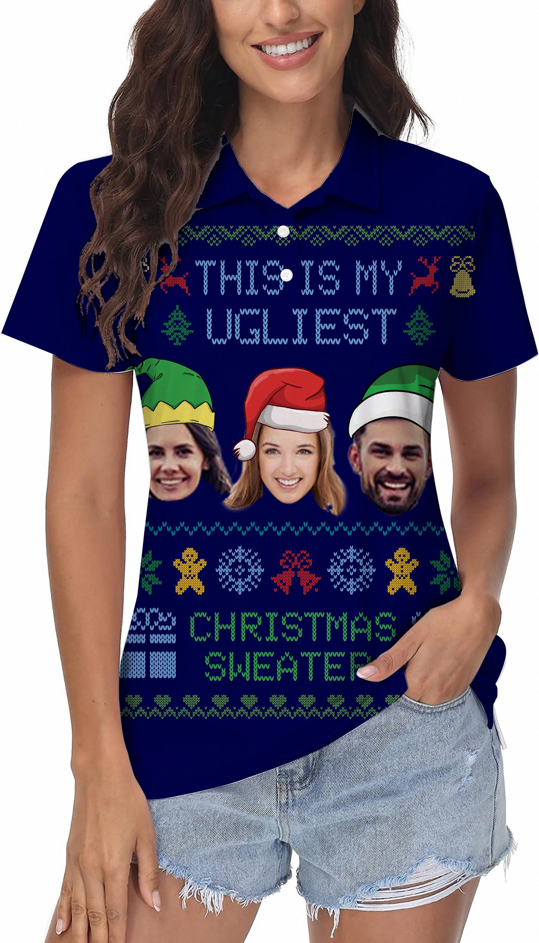 Navy-Christmas Custom face Women's Golf Polo