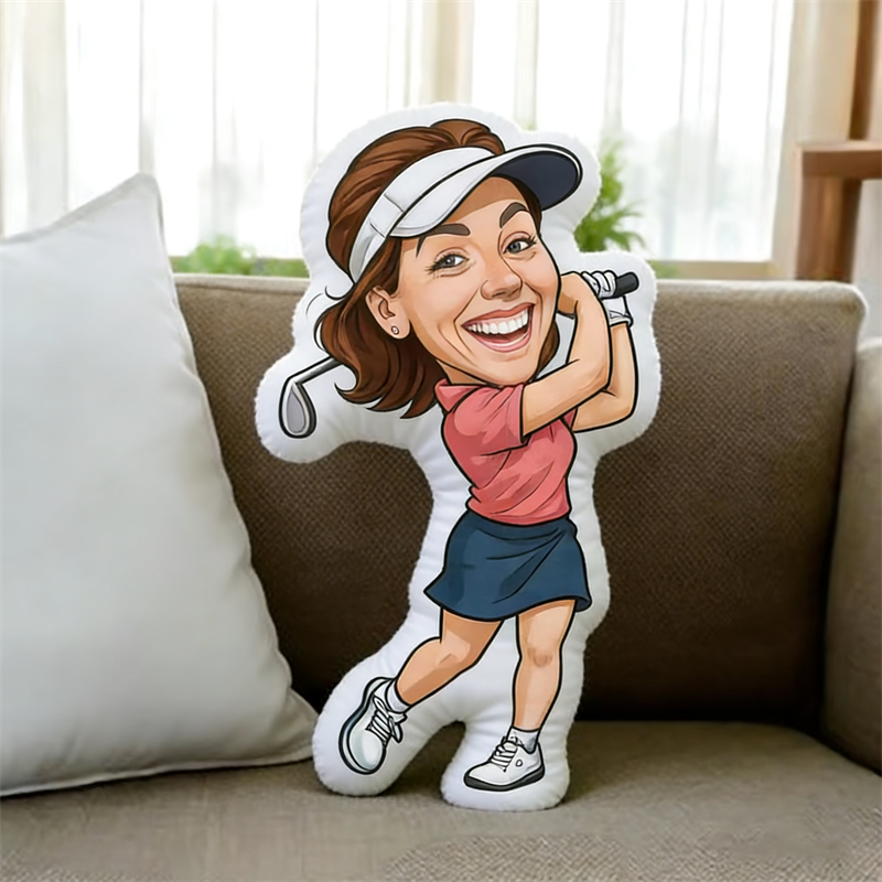 Custom Photo Face Pillow Play Golf Face Picture Red Woman Pillow Doll Face Shaped Pillow Golf Gift for Living Room