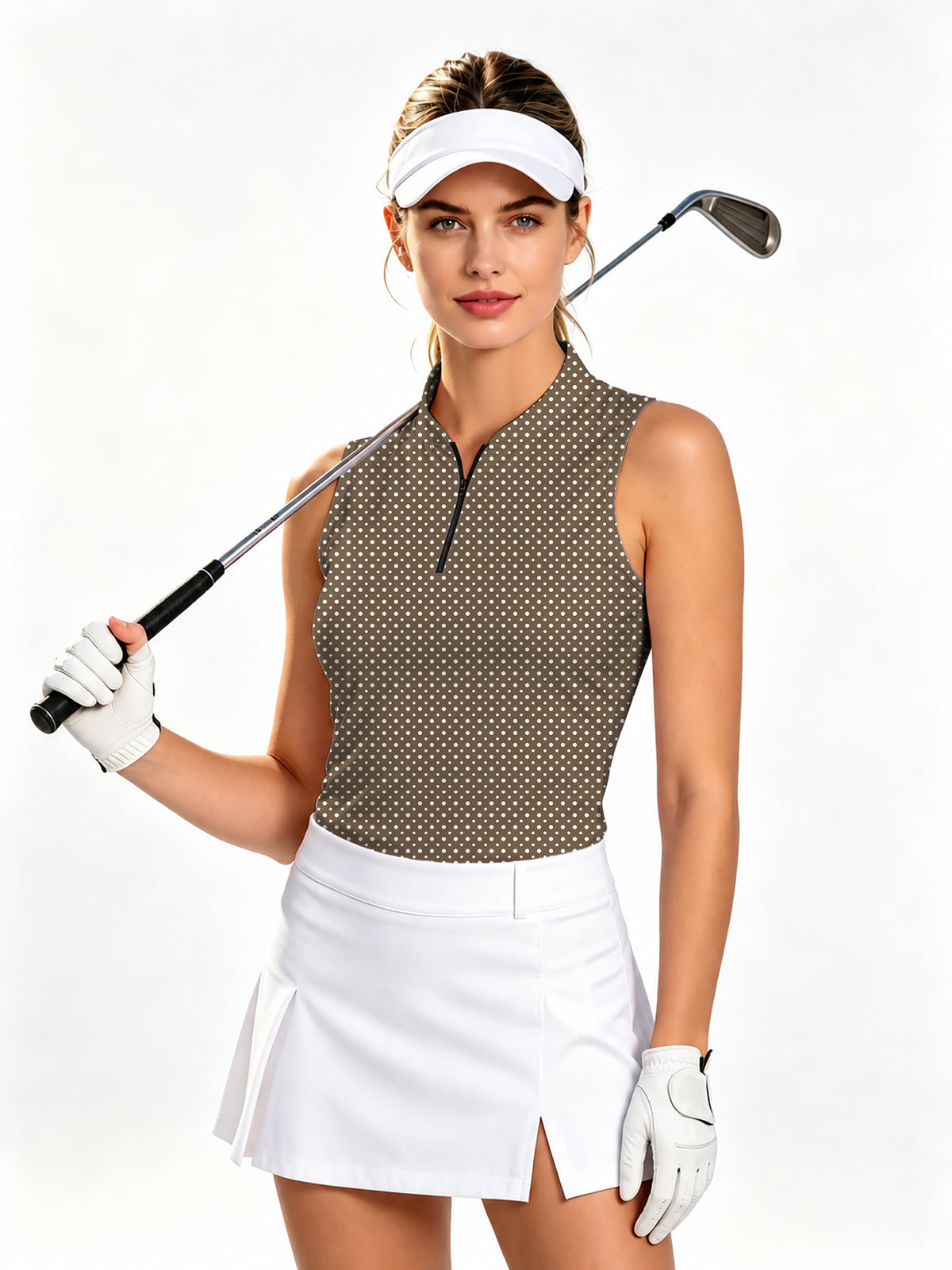 white polka dot brown Women's Quarter Zip Mock Neck Sleeveless Golf Athletic Blouse