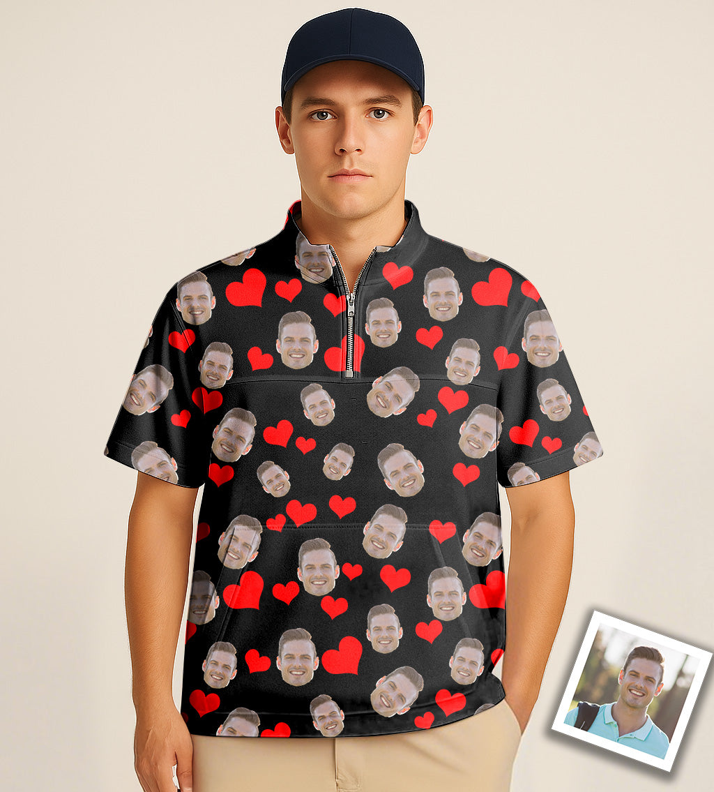 Half zipper turtleneck golf shirt with custom photo and red heart embroidery for couples