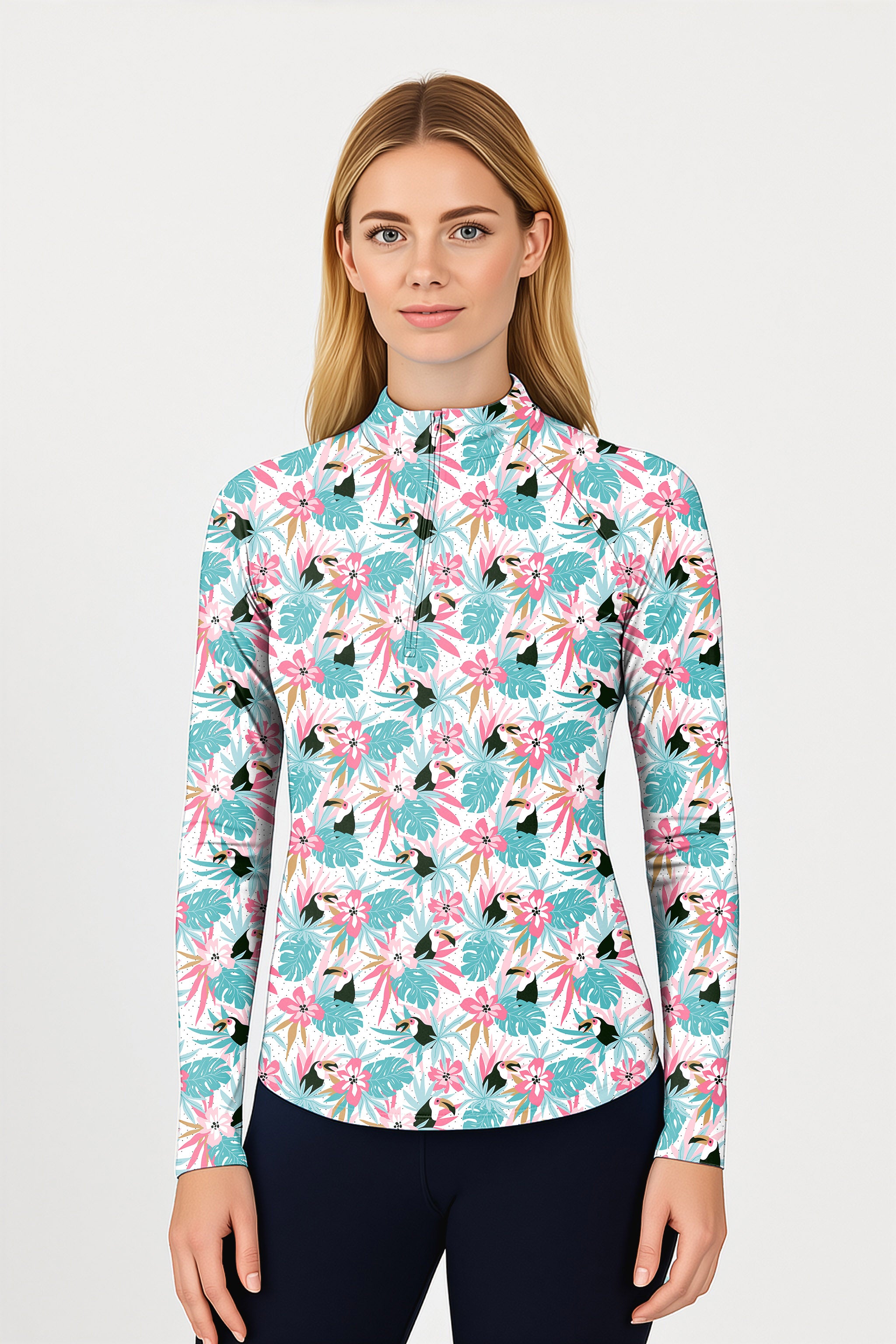 Floral Toucan  Women's Golf Active 3/4 Zip Top