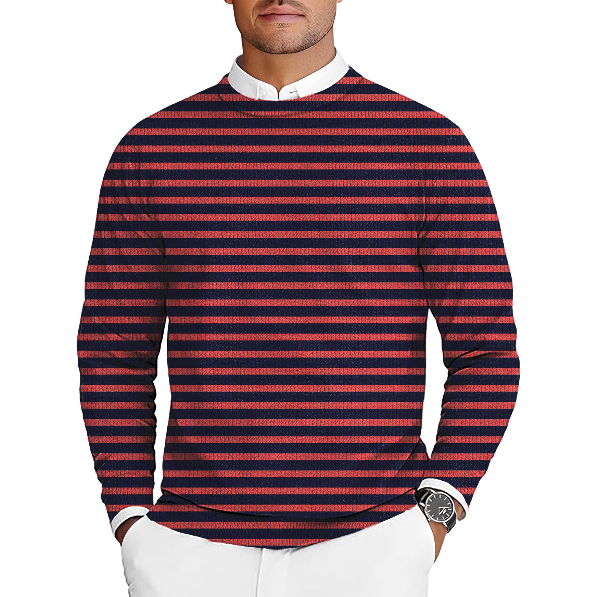 Navy Red Stripes Men's Golf Crewneck Pullover Sweaters Ugly Sweater