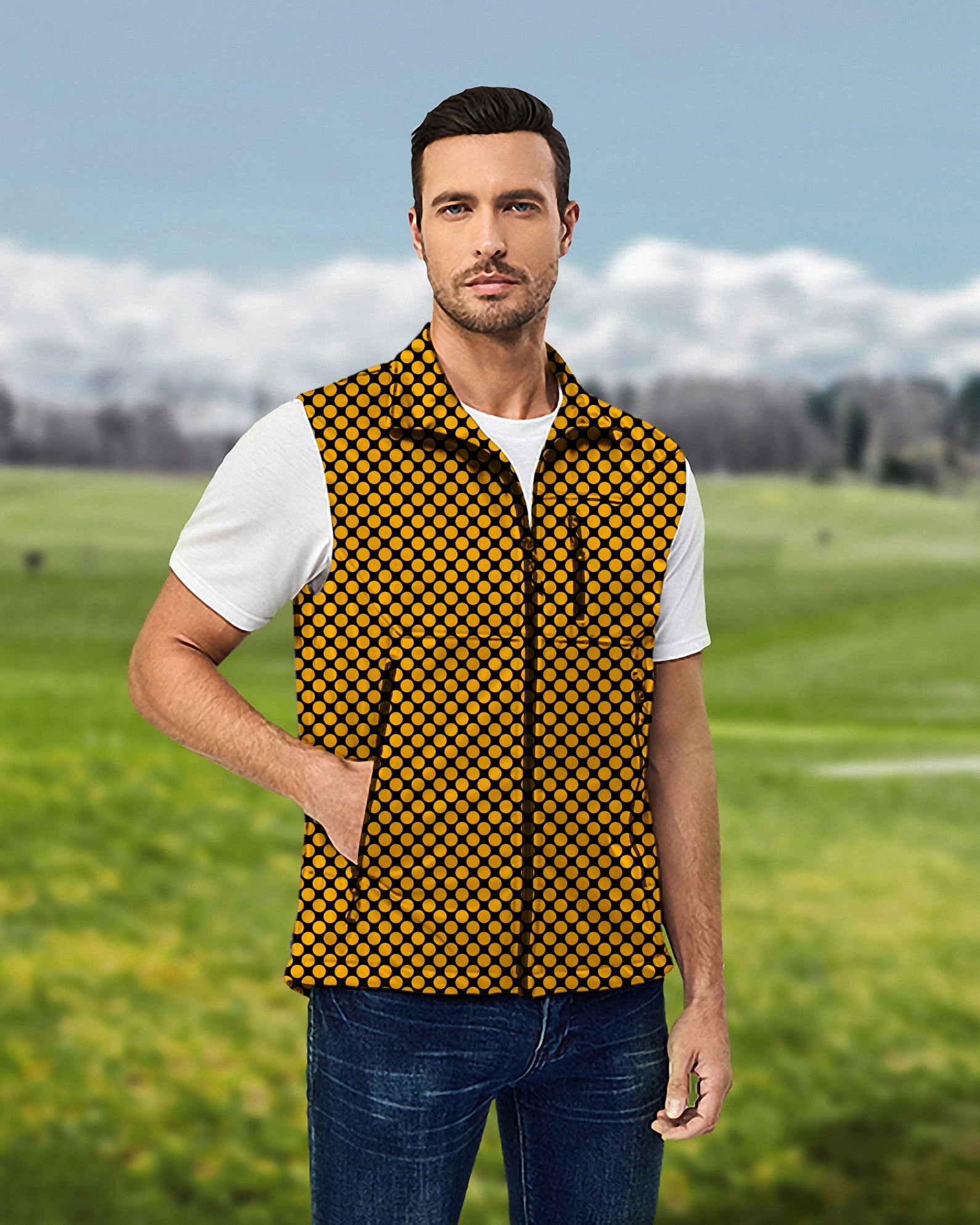 Men's Halloween black and yellow polka dots Lightweight Softshell Vest Sleeveless Jacket for Golf Windproof Waterproof