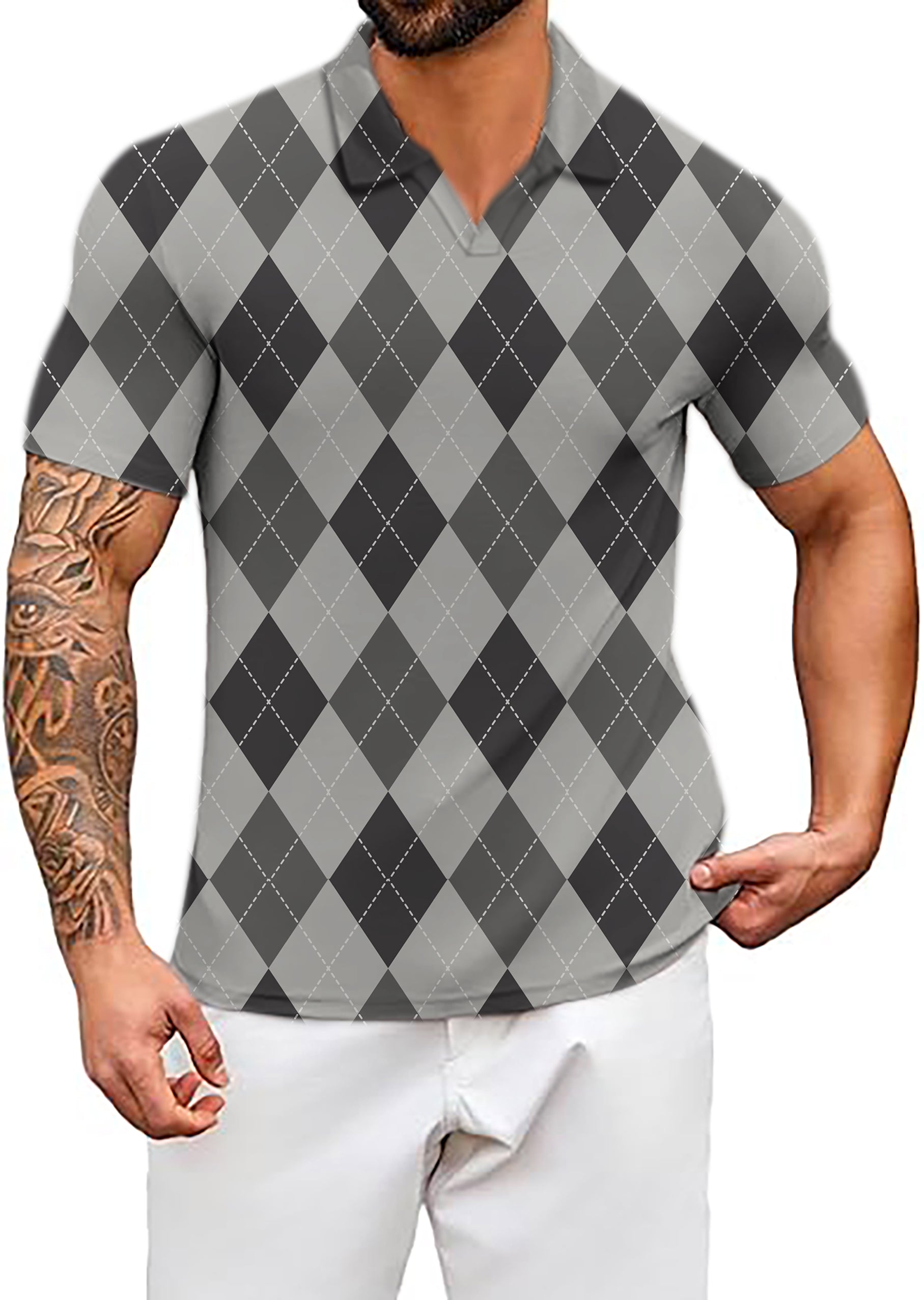 Men's grey Argyle V Neck Golf Polo Shirts