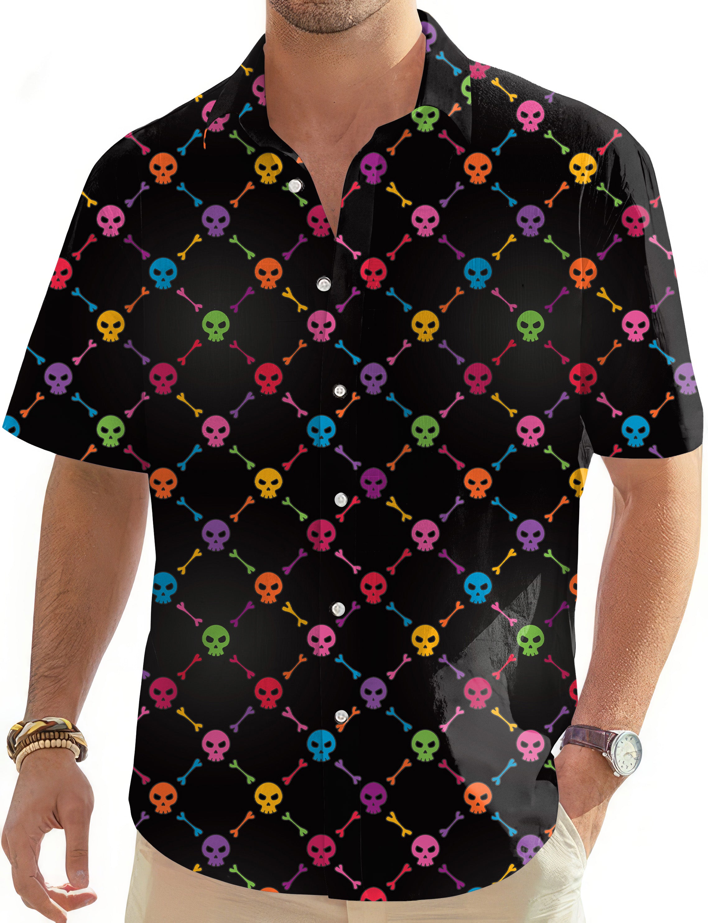 Halloween Colors Skull Bones Men's Golf Hawaiian Shirts Button Down Shirt