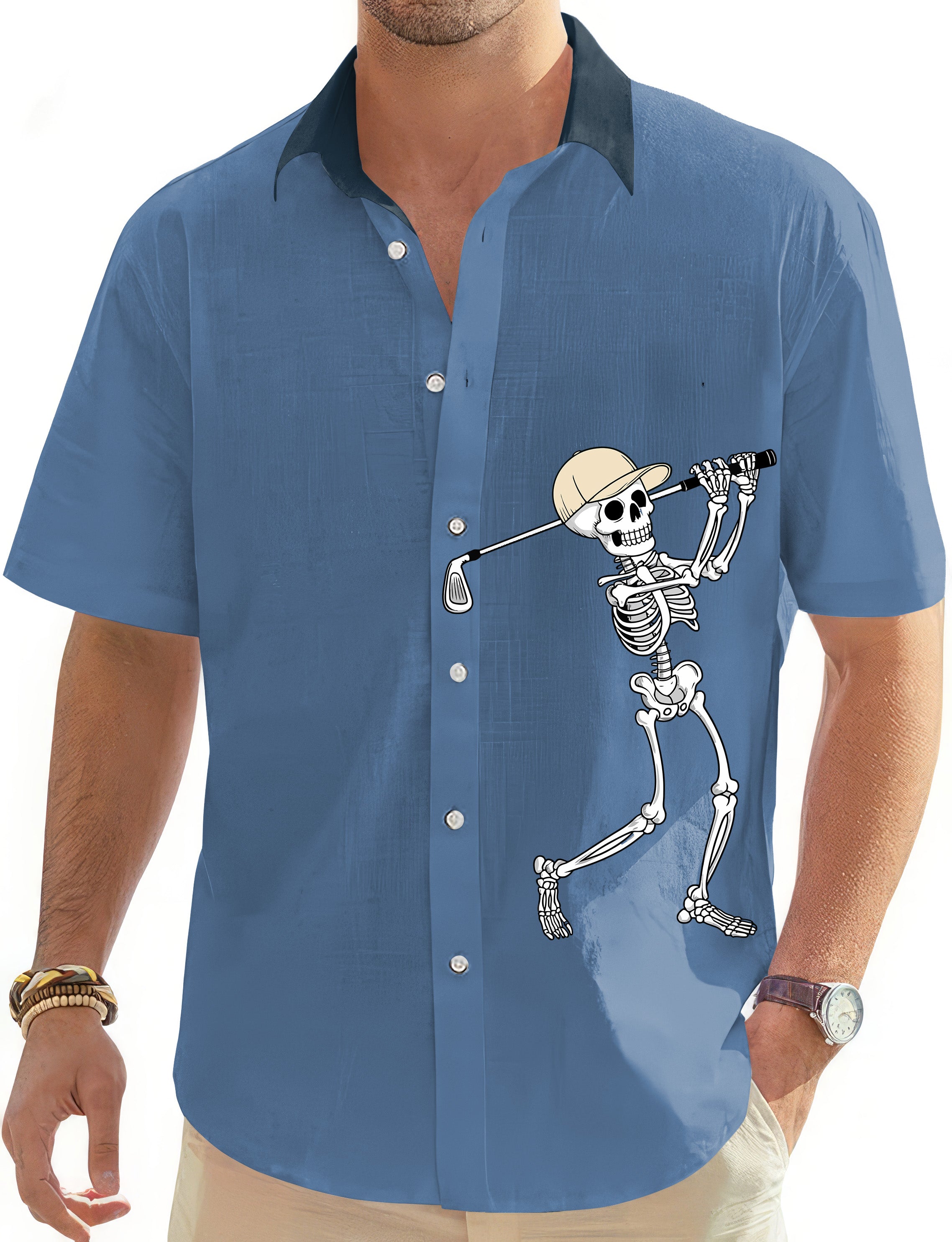 White Blue Halloween Skeleton Golf Men's Golf Hawaiian Shirts Button Down Shirt