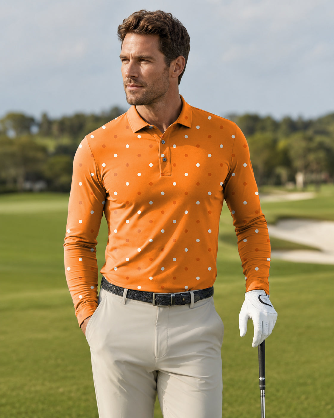Men's Halloween yellow and white polka dots Long-sleeved Polo