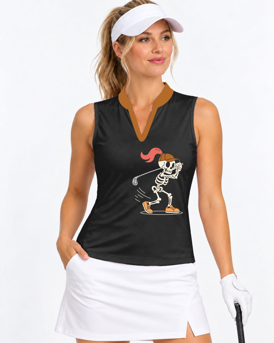 Pumpkin Black Halloween Skeleton Golf Women's V Notch Mock Neck Sleeveless Golf Athletic Blouse