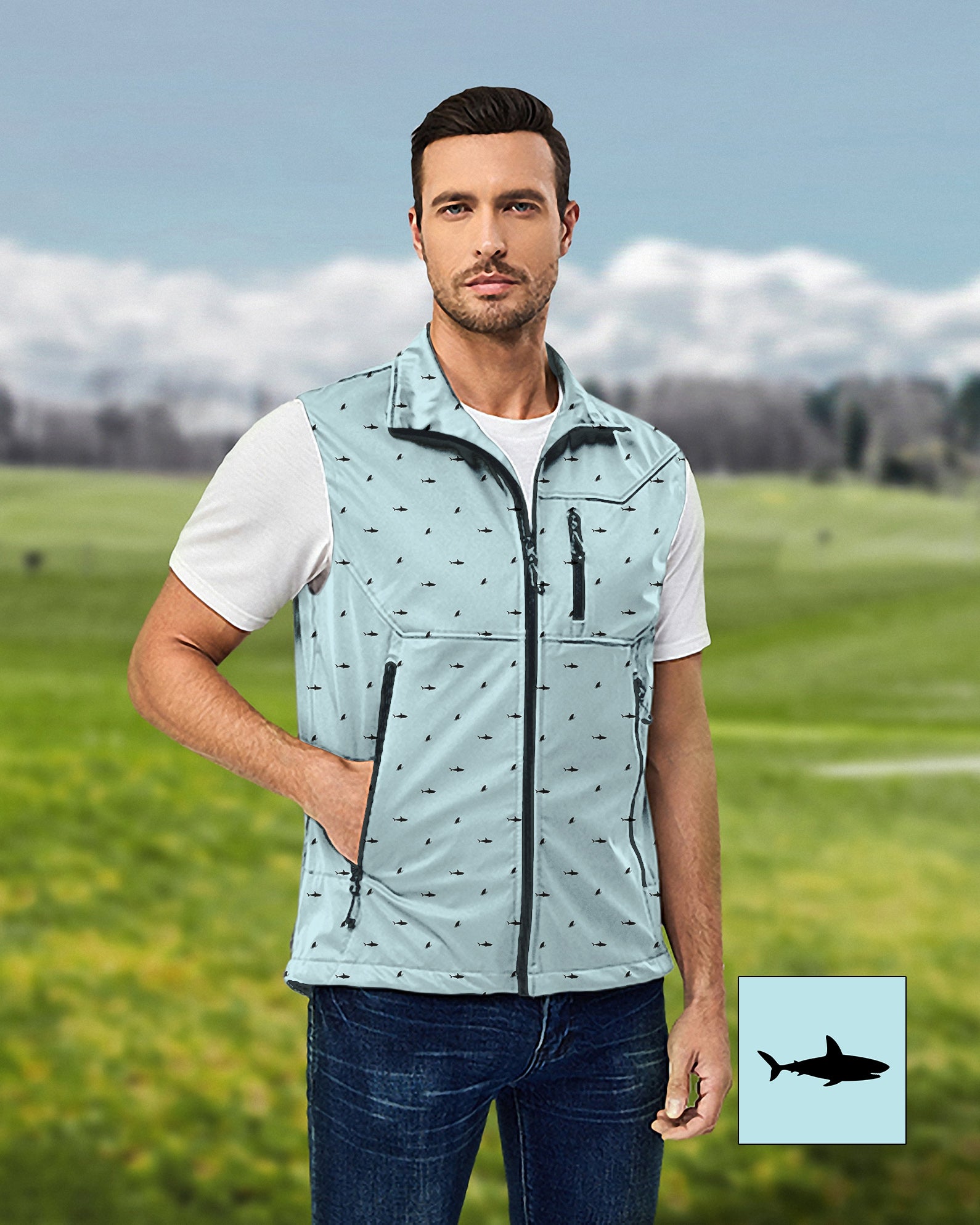 Men's Black Shark and Fin Custom The Background Color Lightweight Softshell Vest Sleeveless Jacket for Golf Windproof Waterproof