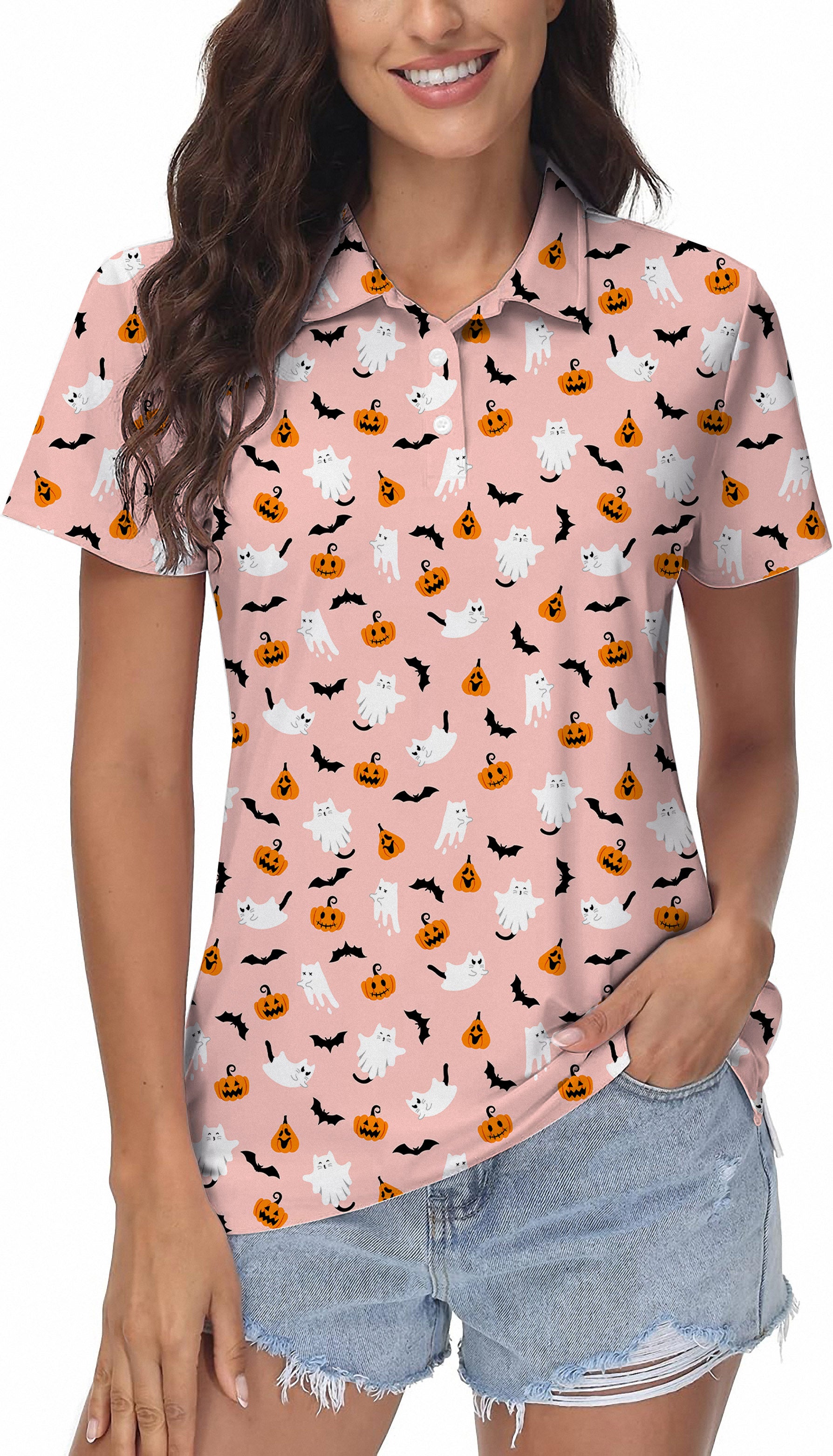 Halloween Kawaii Ghost Pumpkin Women's Golf Polo