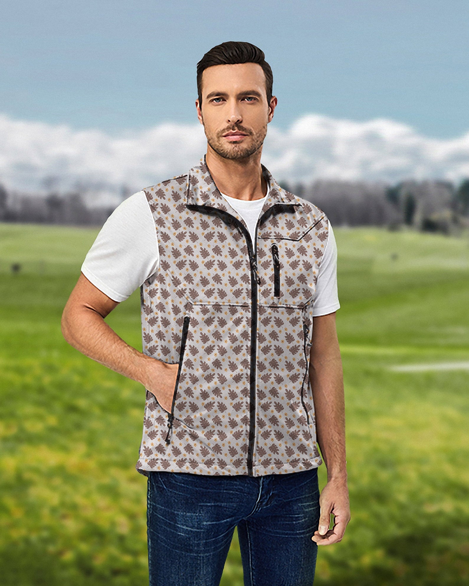 Men's brown palm leaf Lightweight Softshell Vest Sleeveless Jacket for Golf Windproof Waterproof limited edition