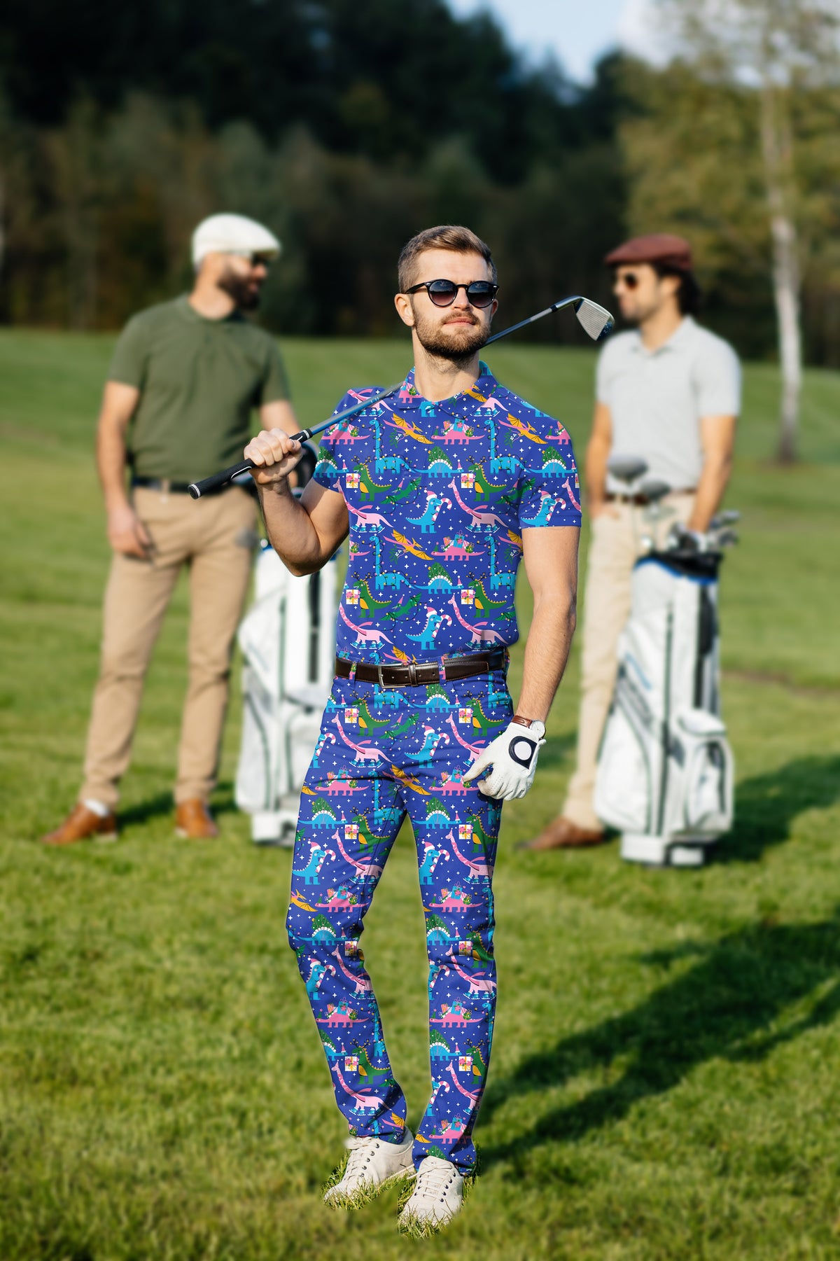 Men's Golf Set Polo+Pants Christmas Dinosaur