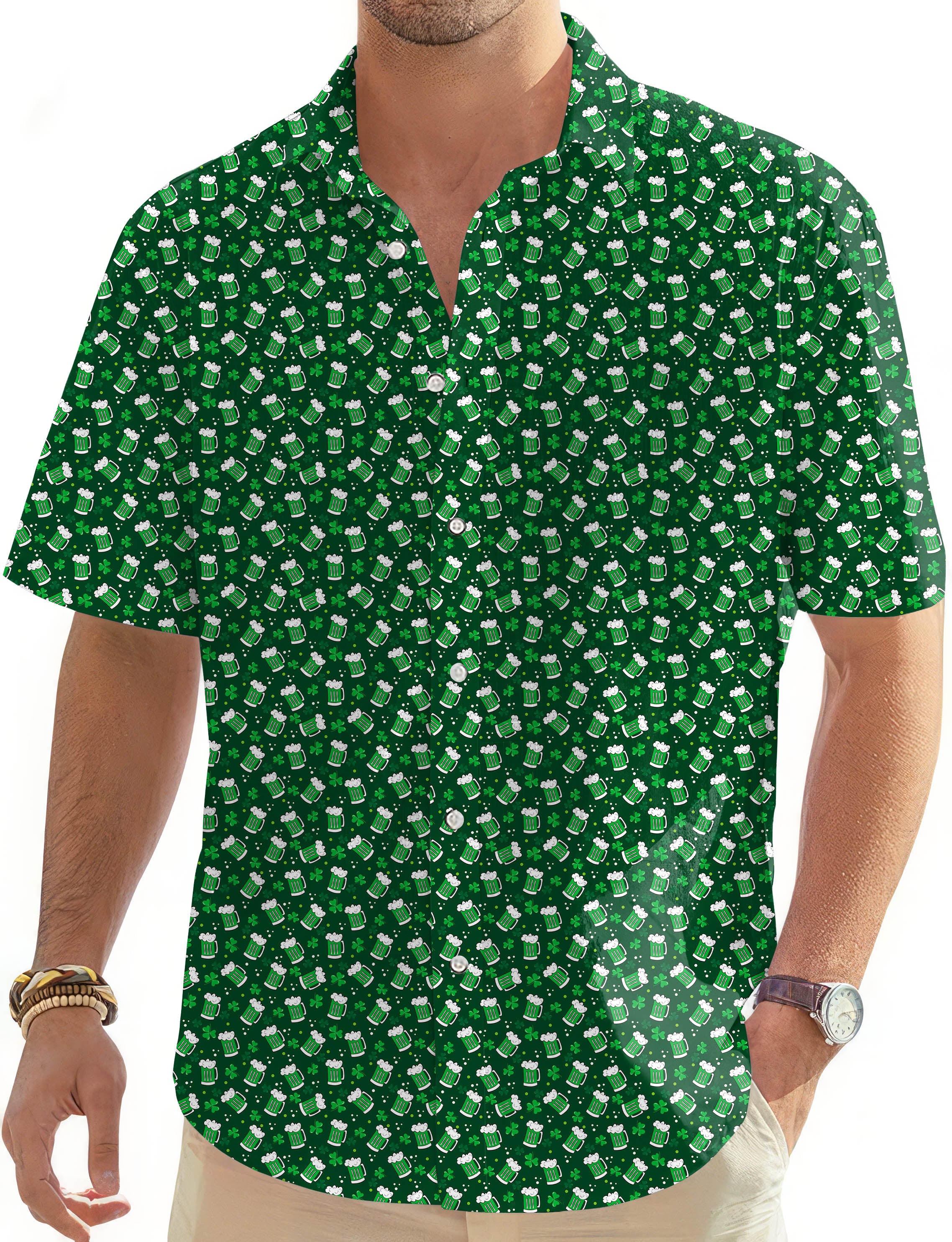 Green beer clover leaf St. Patrick's Day-Men's Golf Hawaiian Shirts Button Down Shirt