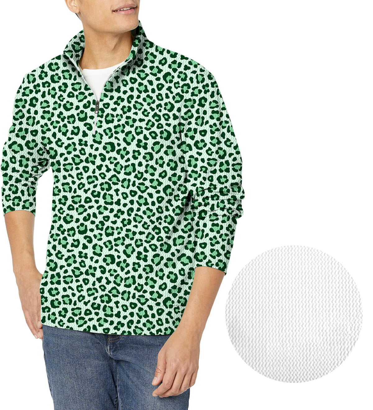 Green leopard print Men's Golf Waffle Zipper Pullover