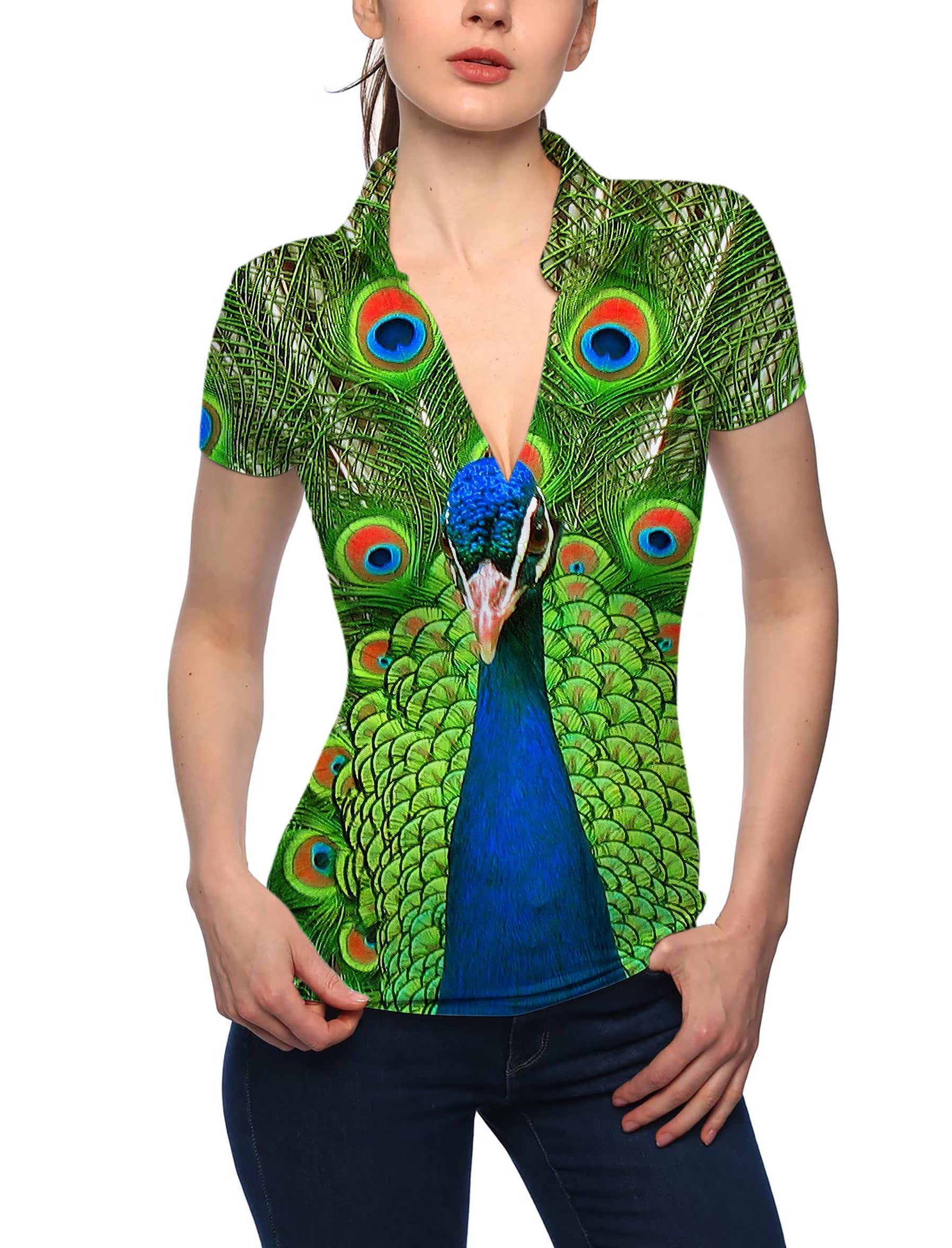 Women's peacock flaunting its tail V Neck Golf Polo