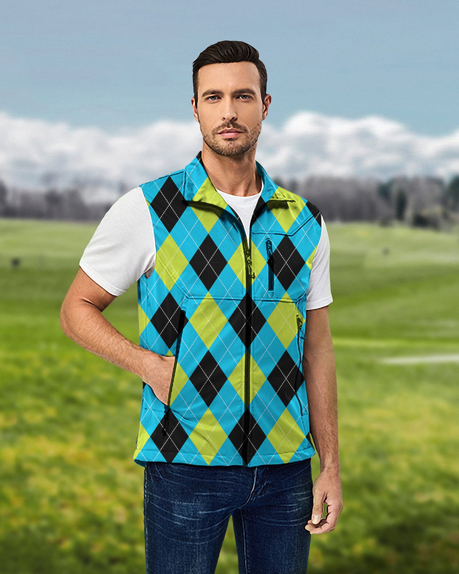 Men's Halloween  Black Green Blue White Argyle Lightweight Softshell Vest Sleeveless Jacket for Golf Windproof Waterproof