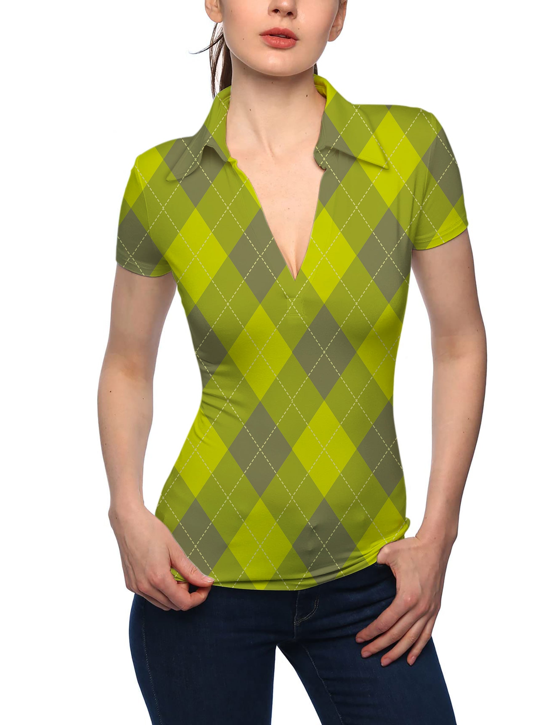 Women's Yollow Argyle V Neck Golf Polo