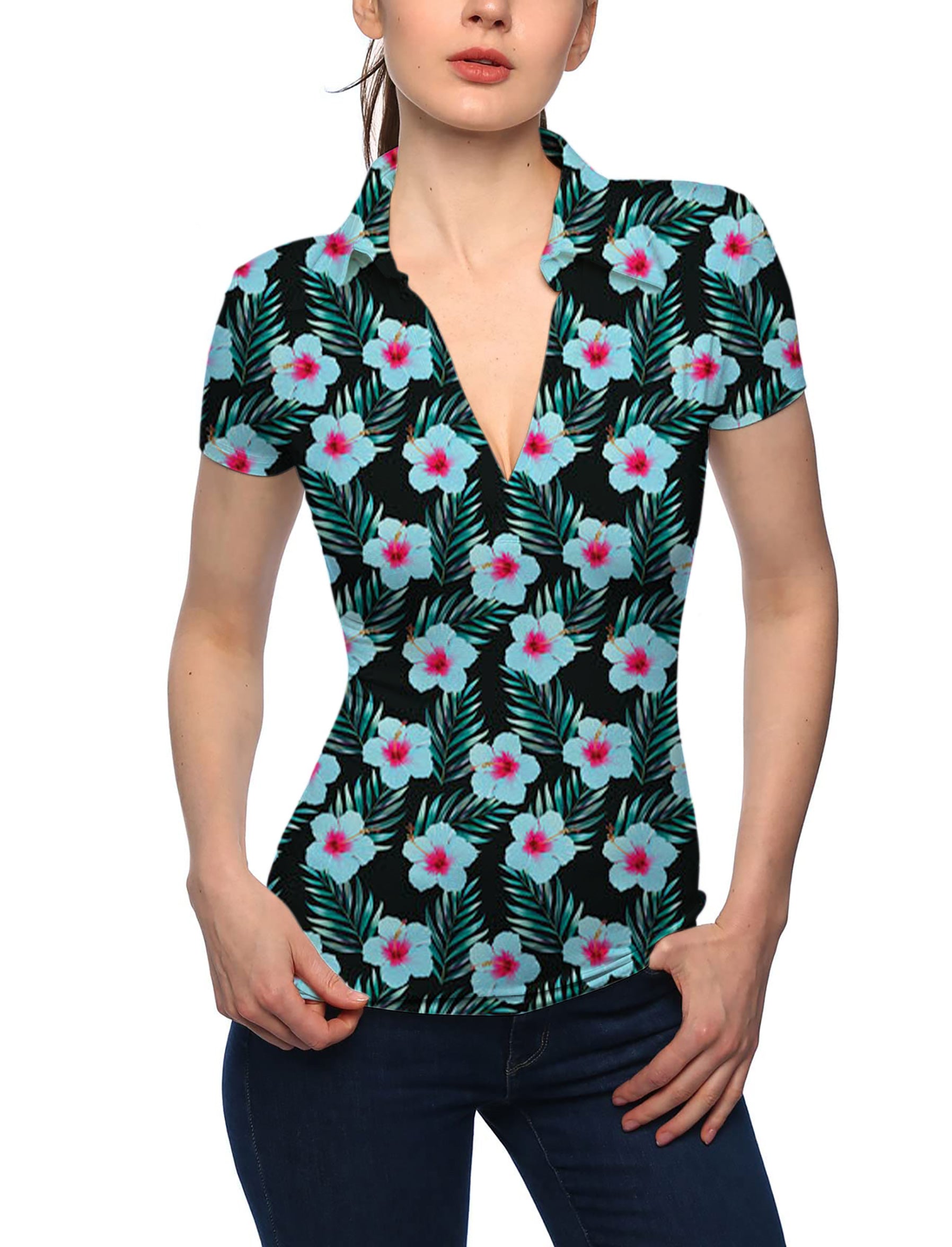 Women's Tropical Flowers V Neck Golf Polo