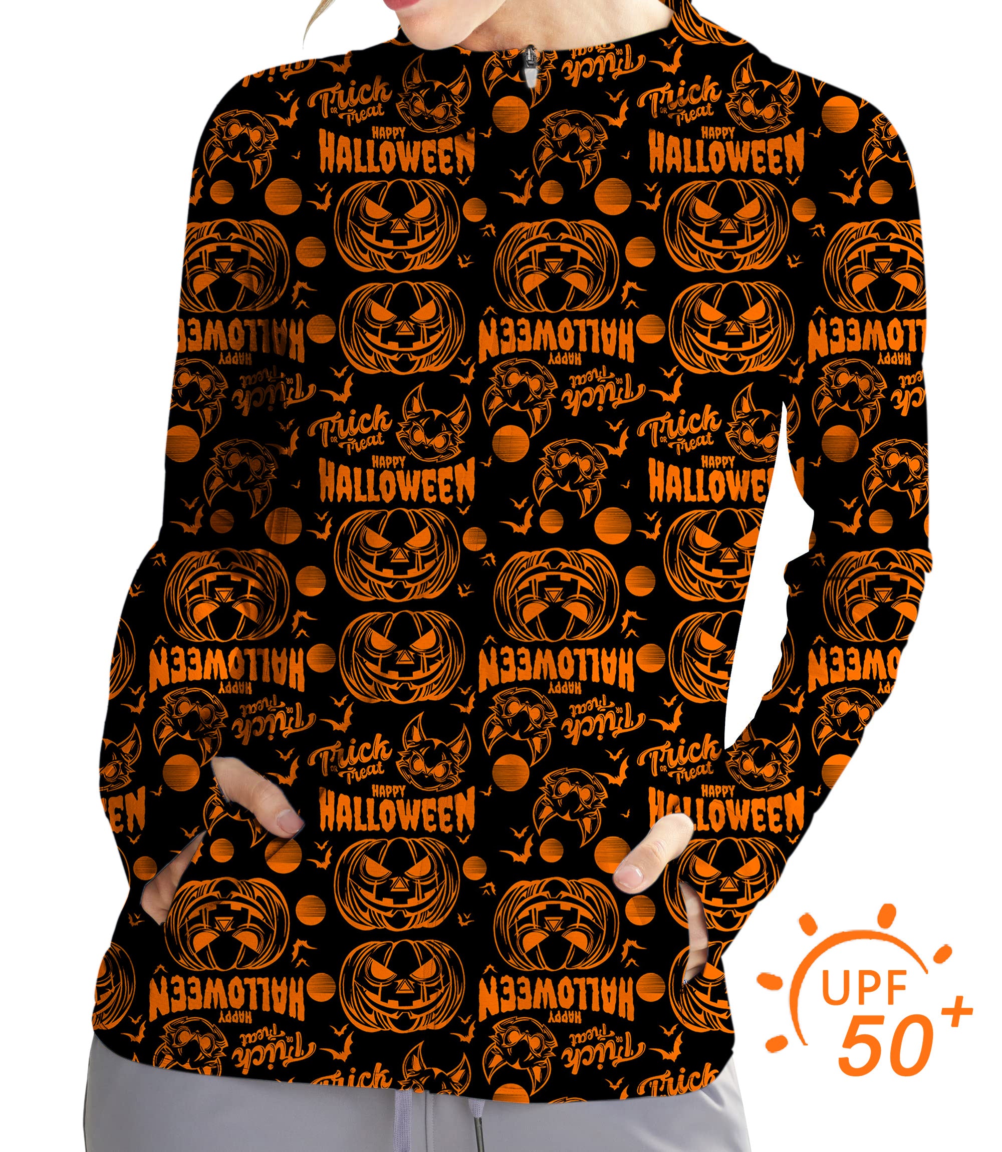 Women's Outdoor Happy Halloween Pumpkin Golf Sun Protection Slim Fit zip hoodies