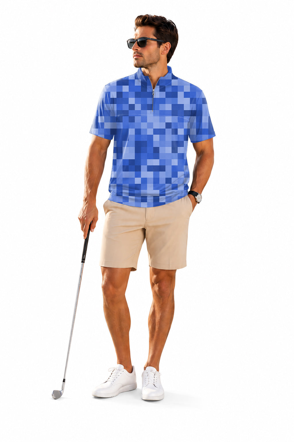 Men's Short Sleeve Quarter Zip Golf Pullover   Navy blue Pixel-Big Embroidery