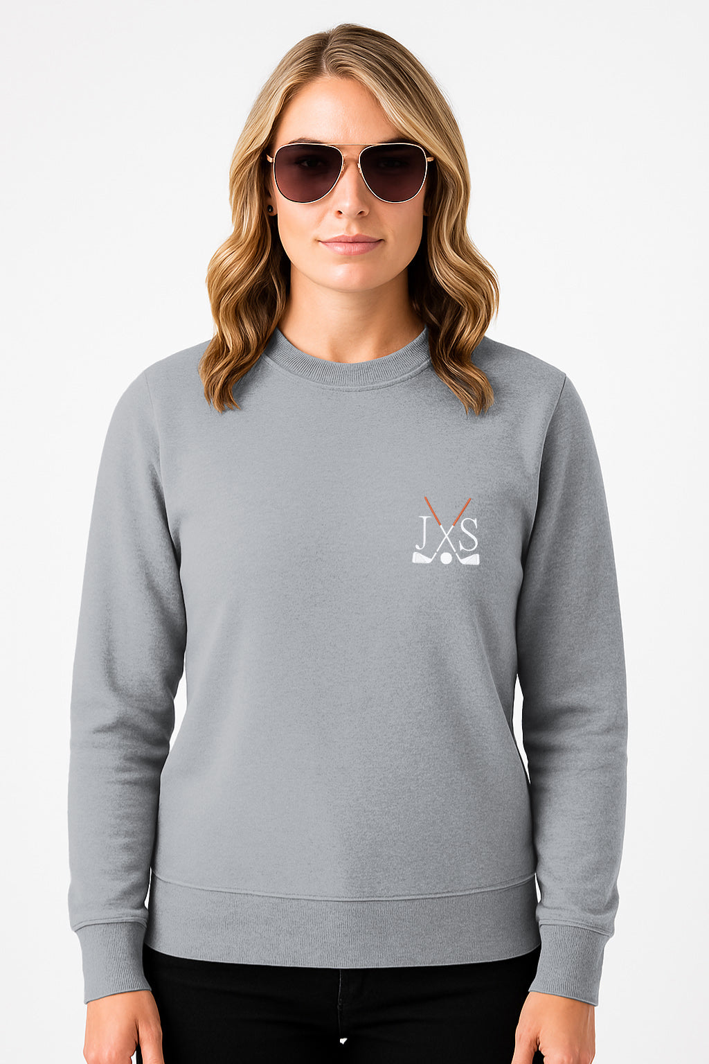 Grey embroidery solid color plus size women's crew neck sweatshirt with golf clubs and initials design