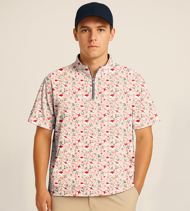 Man wearing pink Christmas embroidered half zipper turtleneck golf short shirt with festive pattern