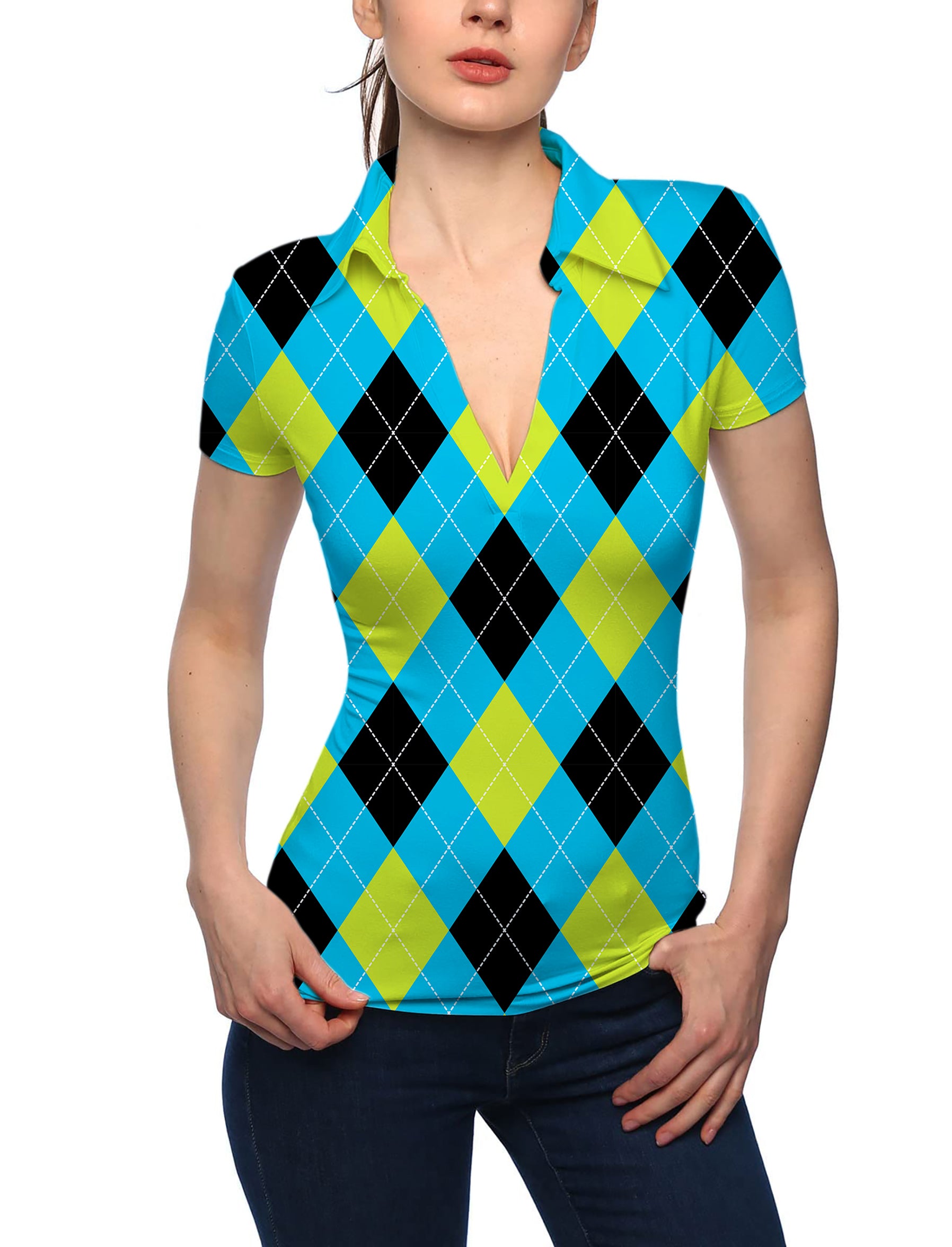 Women's Halloween  Black Green Blue White Argyle V Neck Golf Polo