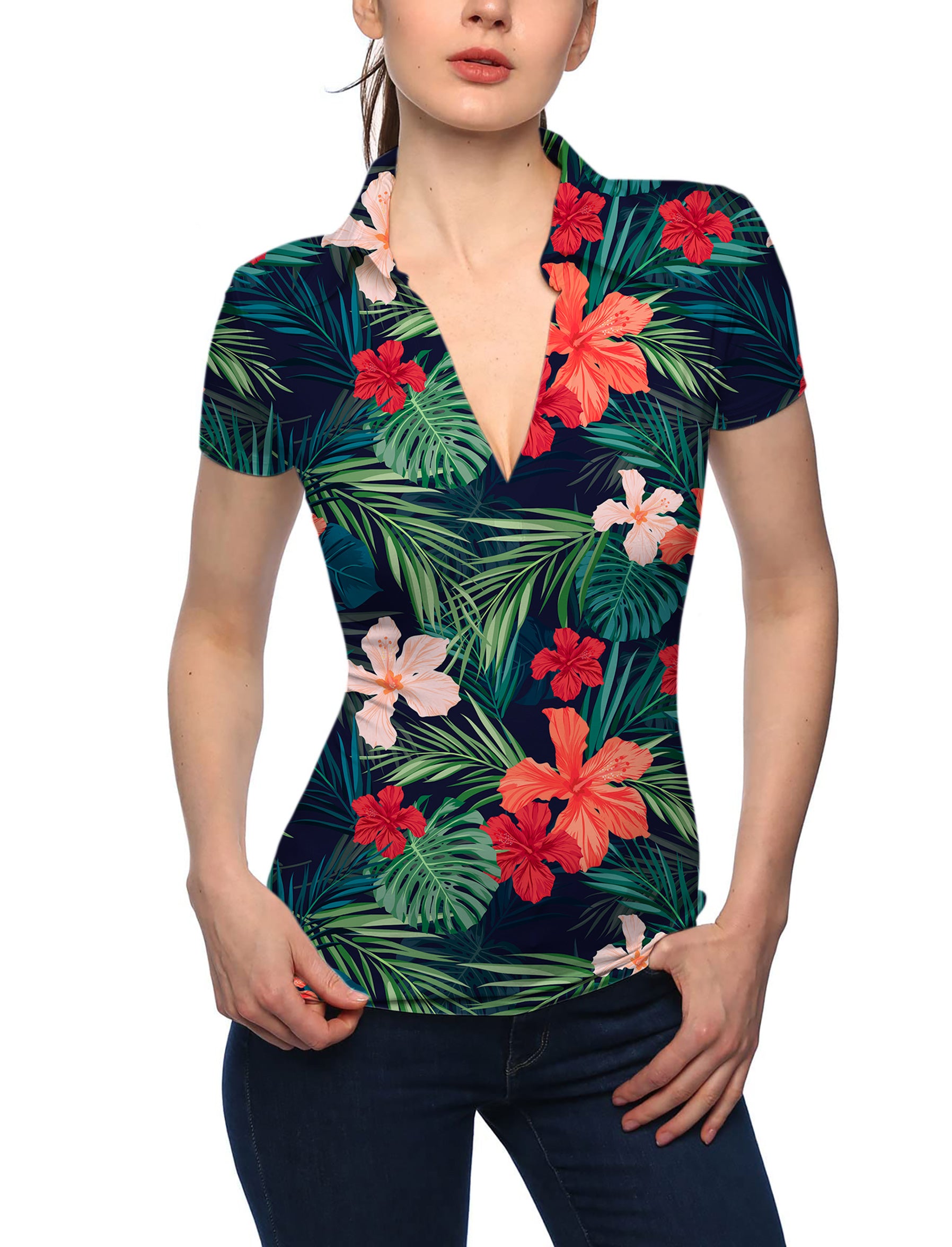 Women's Jungle Hibiscus V Neck Golf Polo