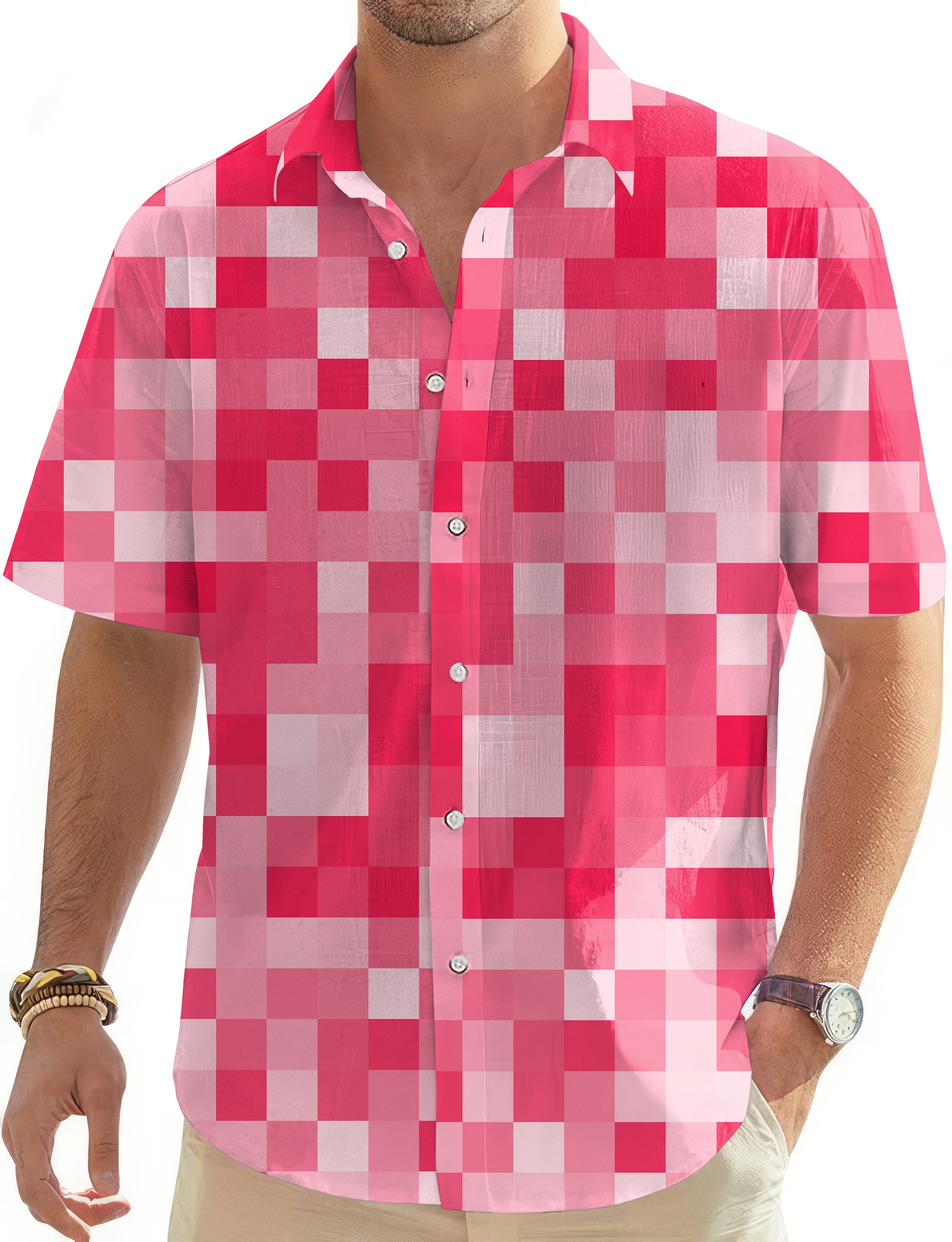 Light Red Pixel Big Men's Golf Hawaiian Shirts Button Down Shirt