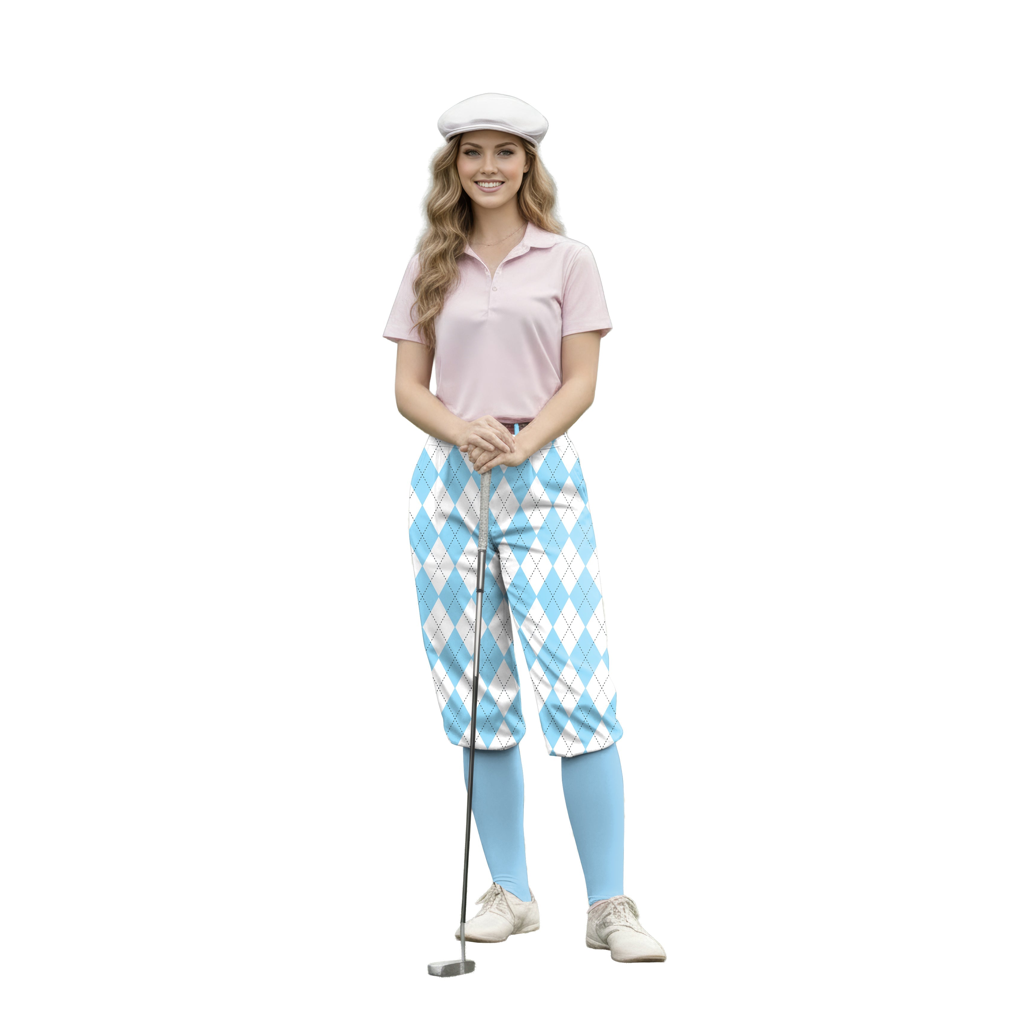 Woman wearing blue argyle womens golf knickers pants with pink polo and golf cap holding putter