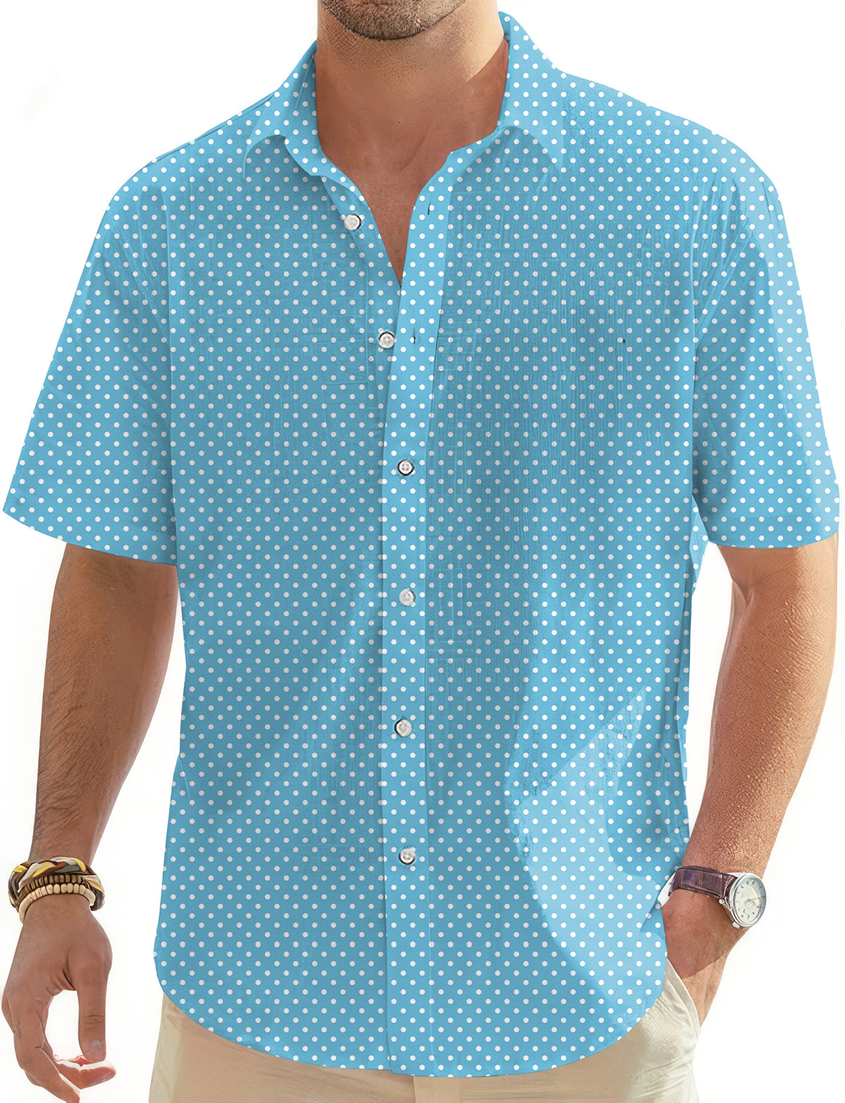 white polka dots blue background Men's Golf Hawaiian Shirts Button Down Shirt