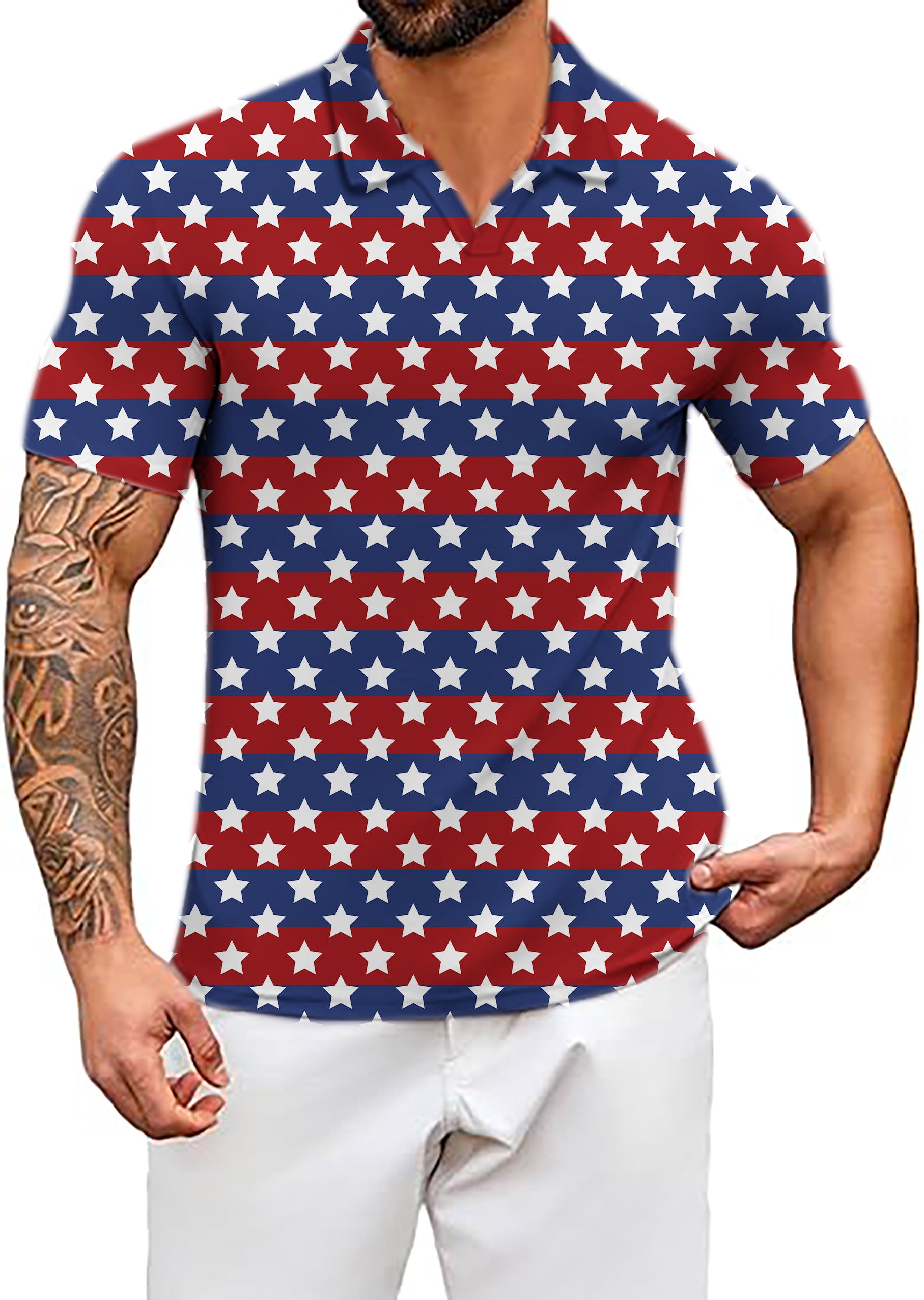 Men's US Flag Stars V Neck Golf Polo Shirts