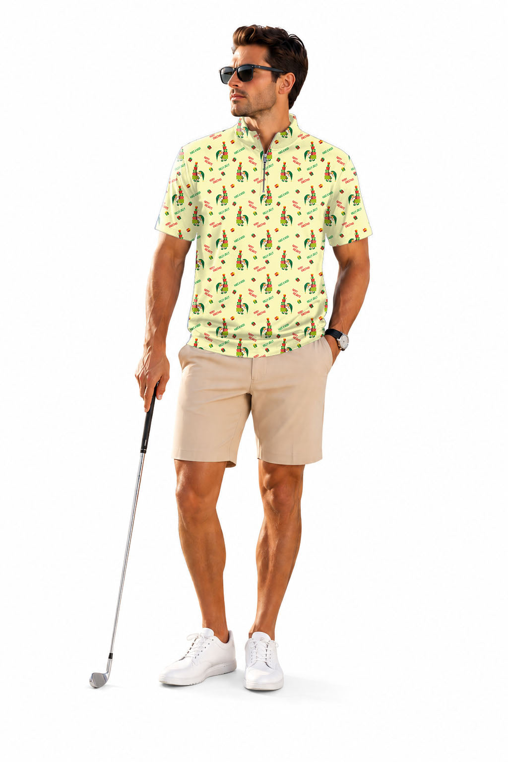 Men's Short Sleeve Quarter Zip Golf Pullover   Christmas Little Green Man Embroidery