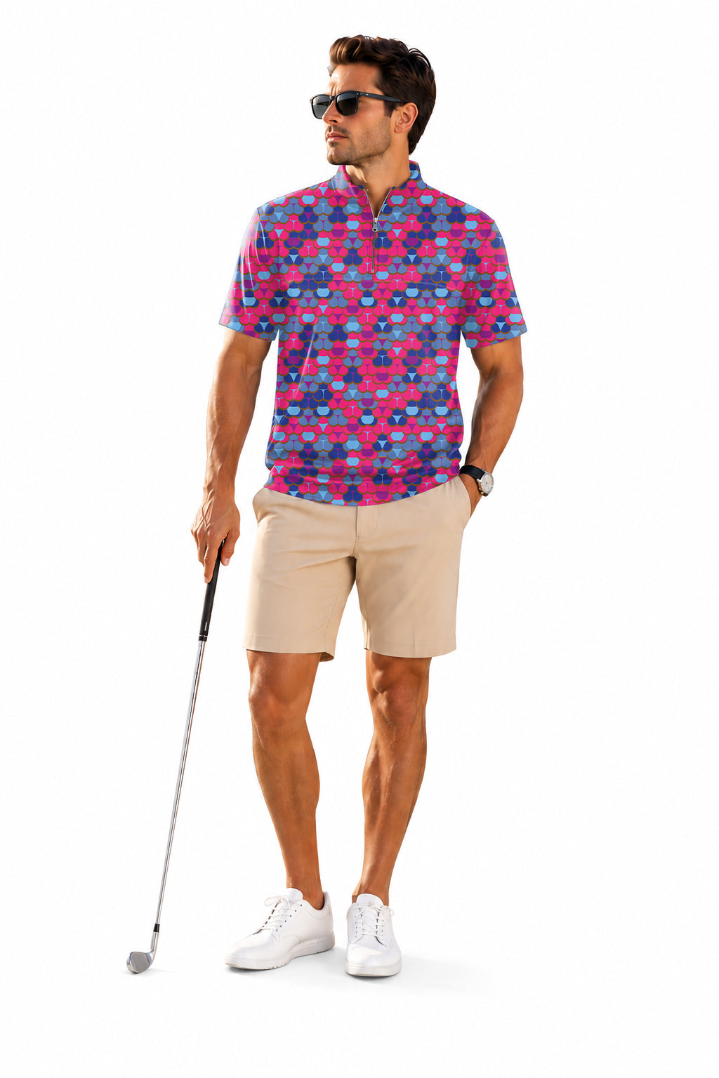 Men's Short Sleeve Quarter Zip Golf Pullover   Colorful World Embroidery