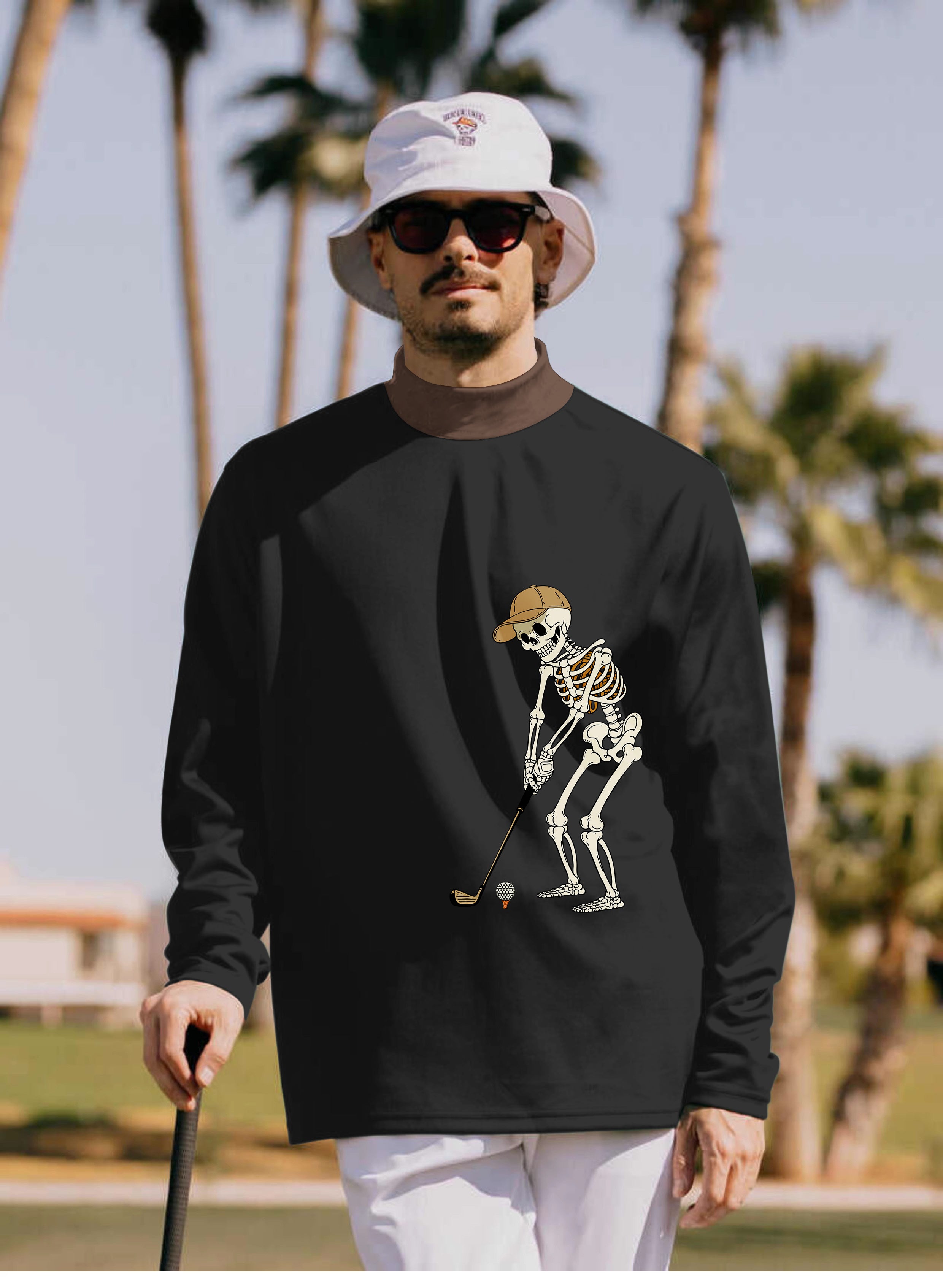 Men's Yellow Black Brown Halloween Skeleton Golf Pullover High neck Long/Short sleeve T-Shirt