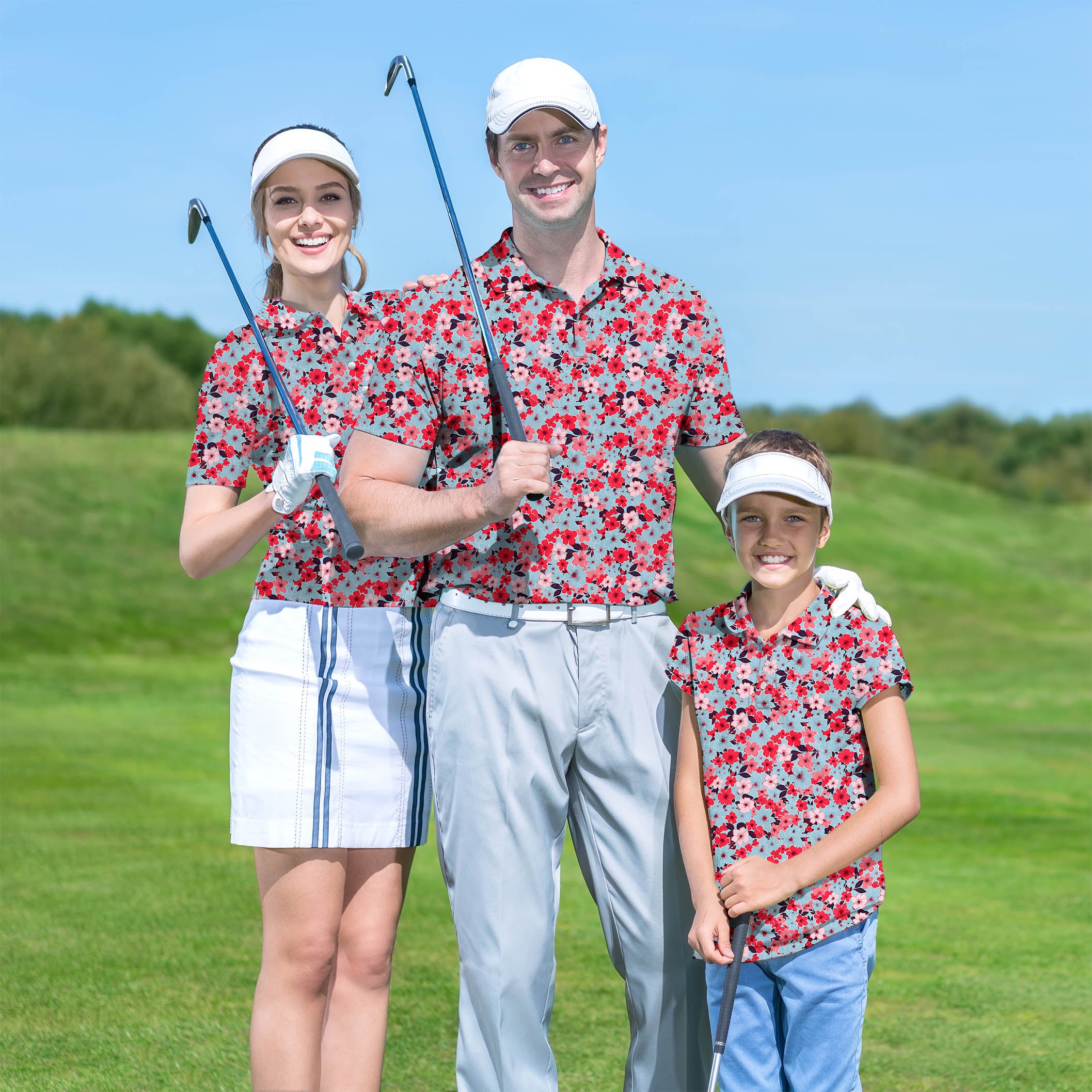 Golf Polo Couple Family set Tropical flowers