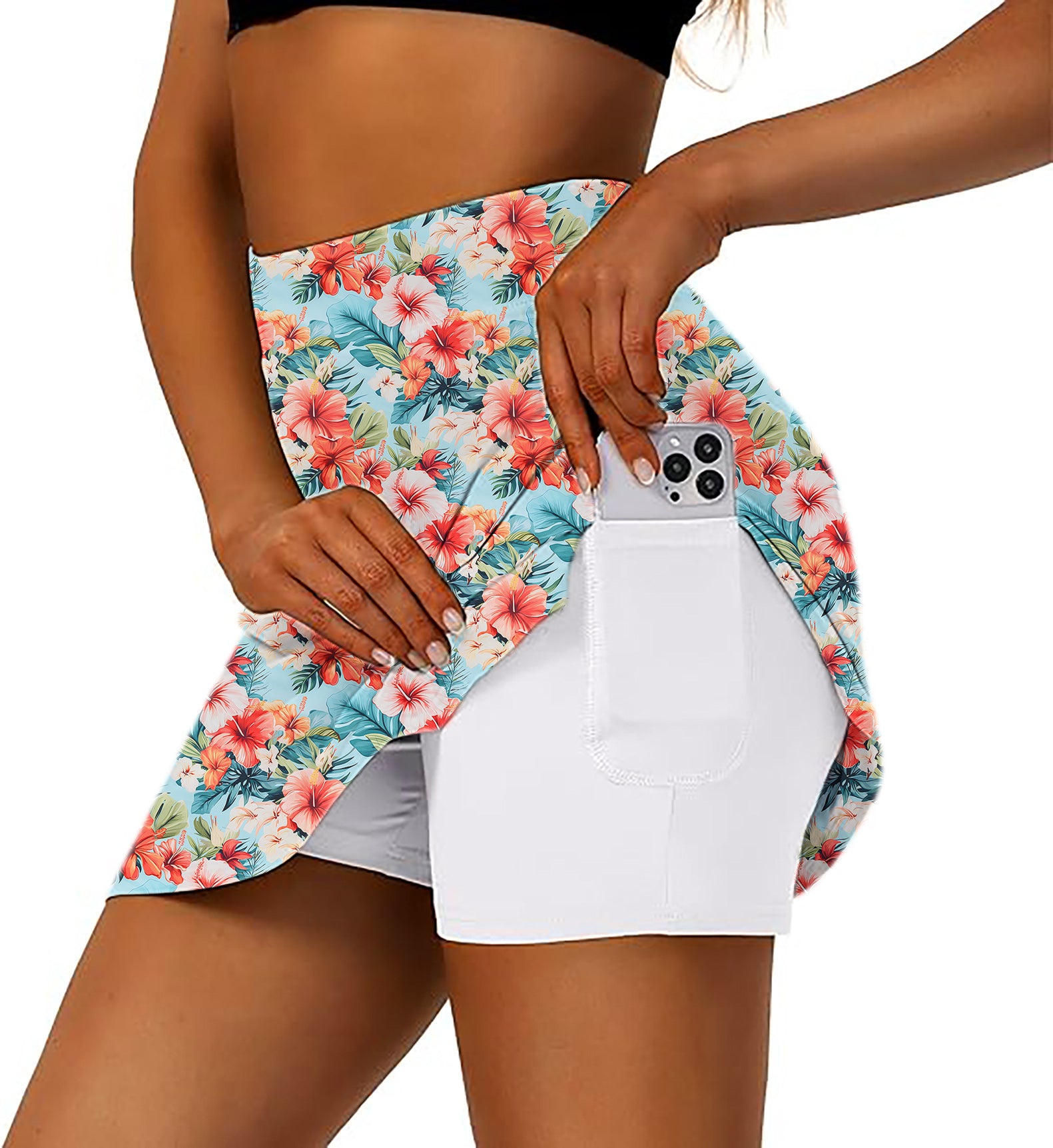 Women's Hawaiian Flowers Golf Skirts Inner Shorts Pocket