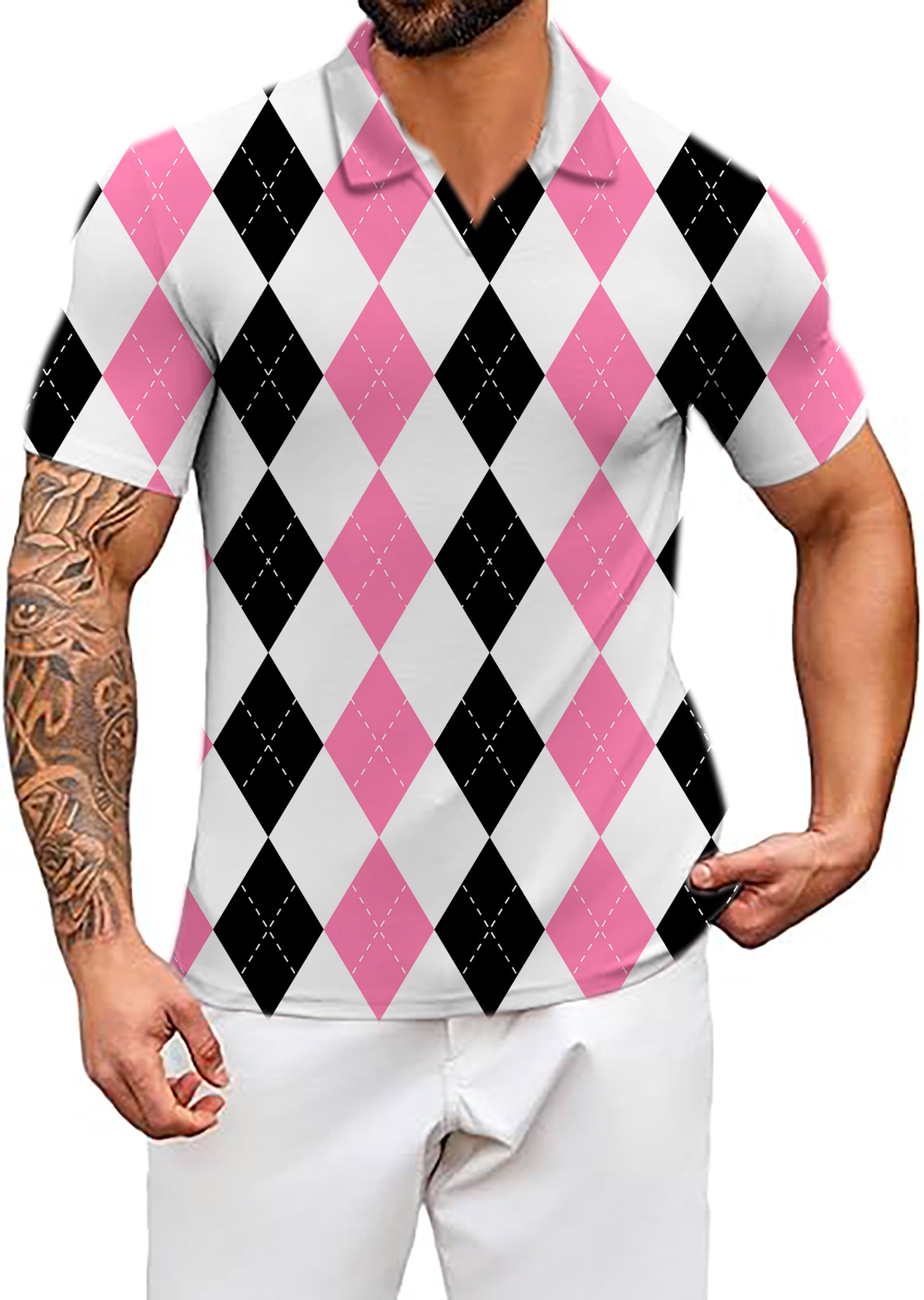 Men's pink black argyle V Neck Golf Polo Shirts
