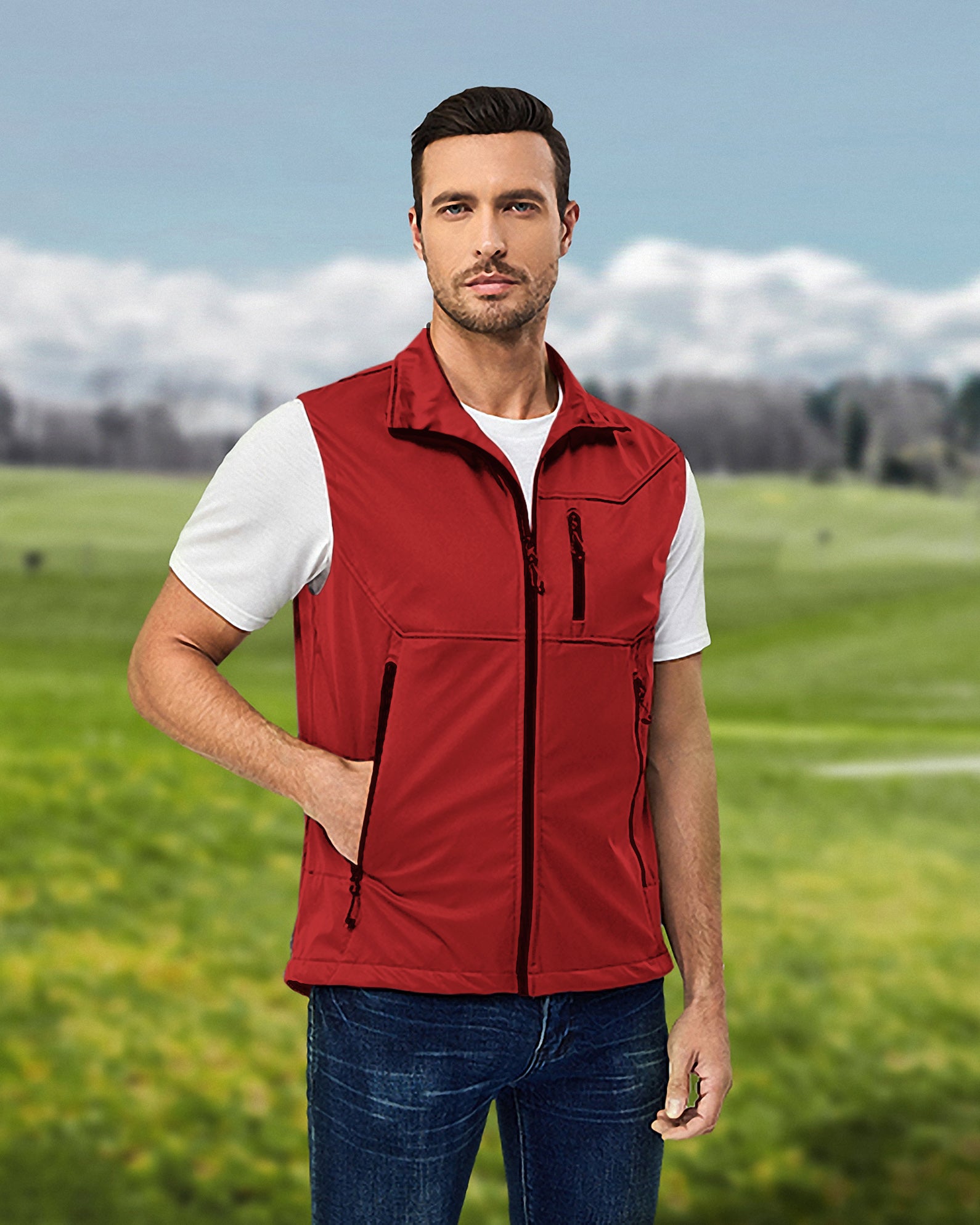 Men's pure festive Lightweight Softshell Vest Sleeveless Jacket for Golf Windproof Waterproof