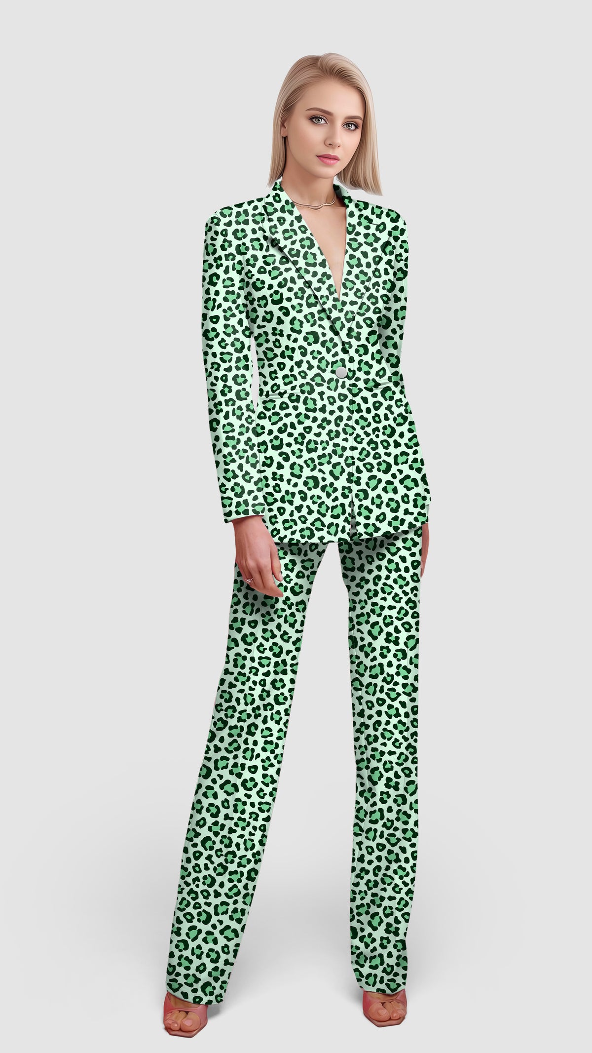 Green leopard print Women's Blazer Casual Work Office Blazer Suit set