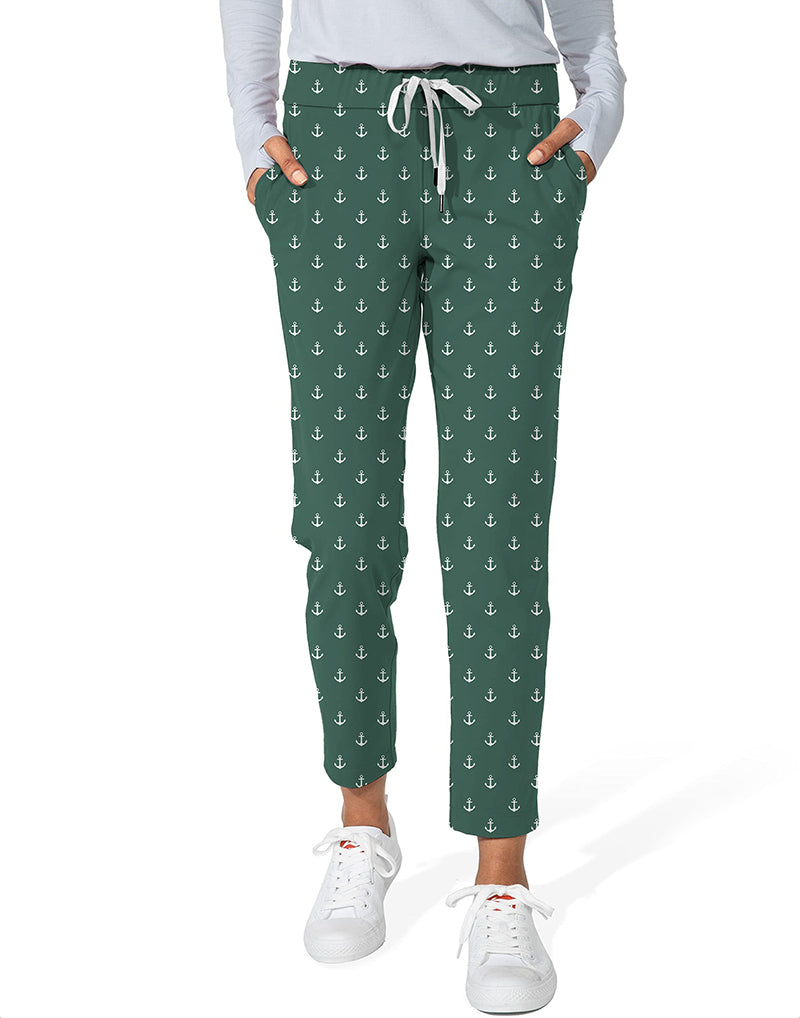 Green Anchor Women's 7/8 stretch ankle golf pants with anchor print, elastic waistband, drawstring, and side pockets.