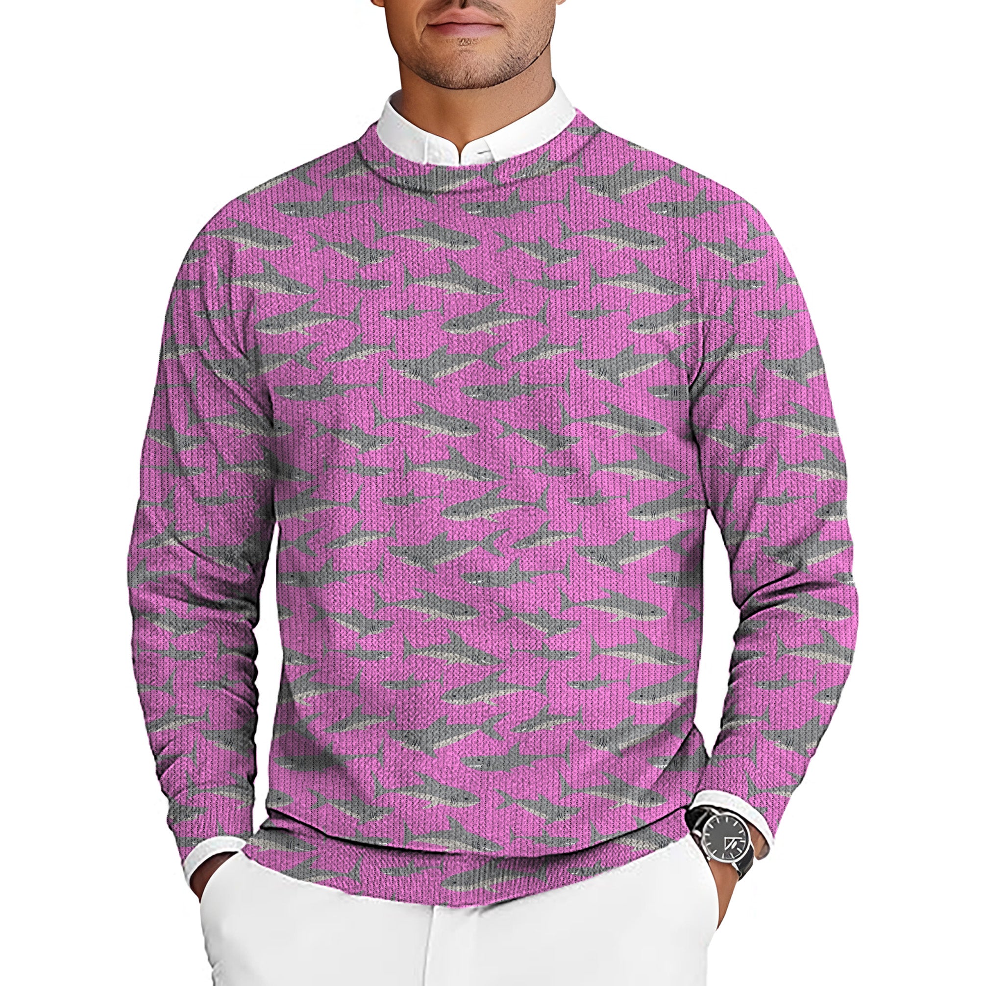 Pink Sharks Men's Golf Crewneck Pullover Sweaters Ugly Sweater