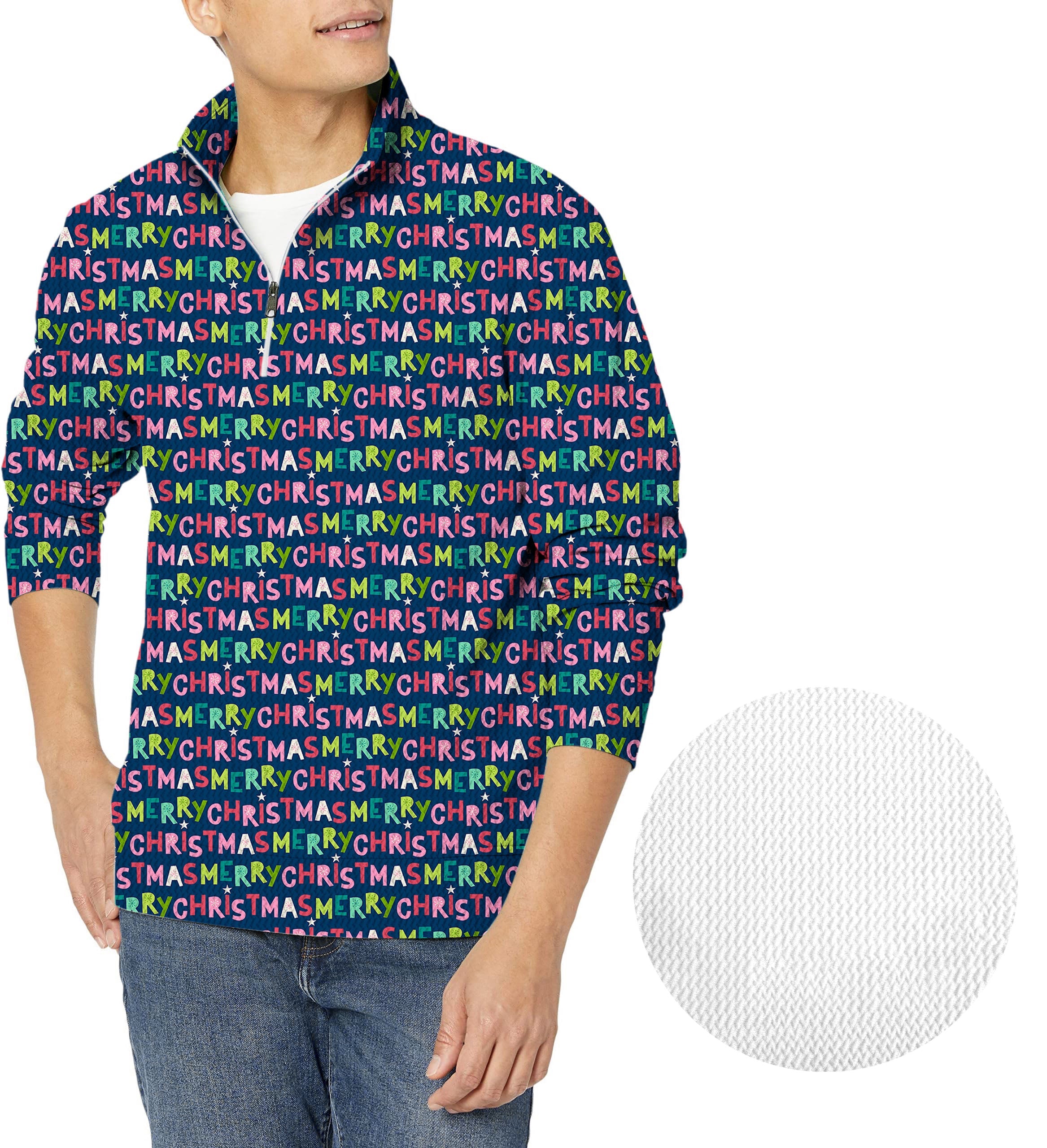 Men's Stars Snowflakes Christmas golf waffle zipper pullover with colorful Merry Christmas text pattern